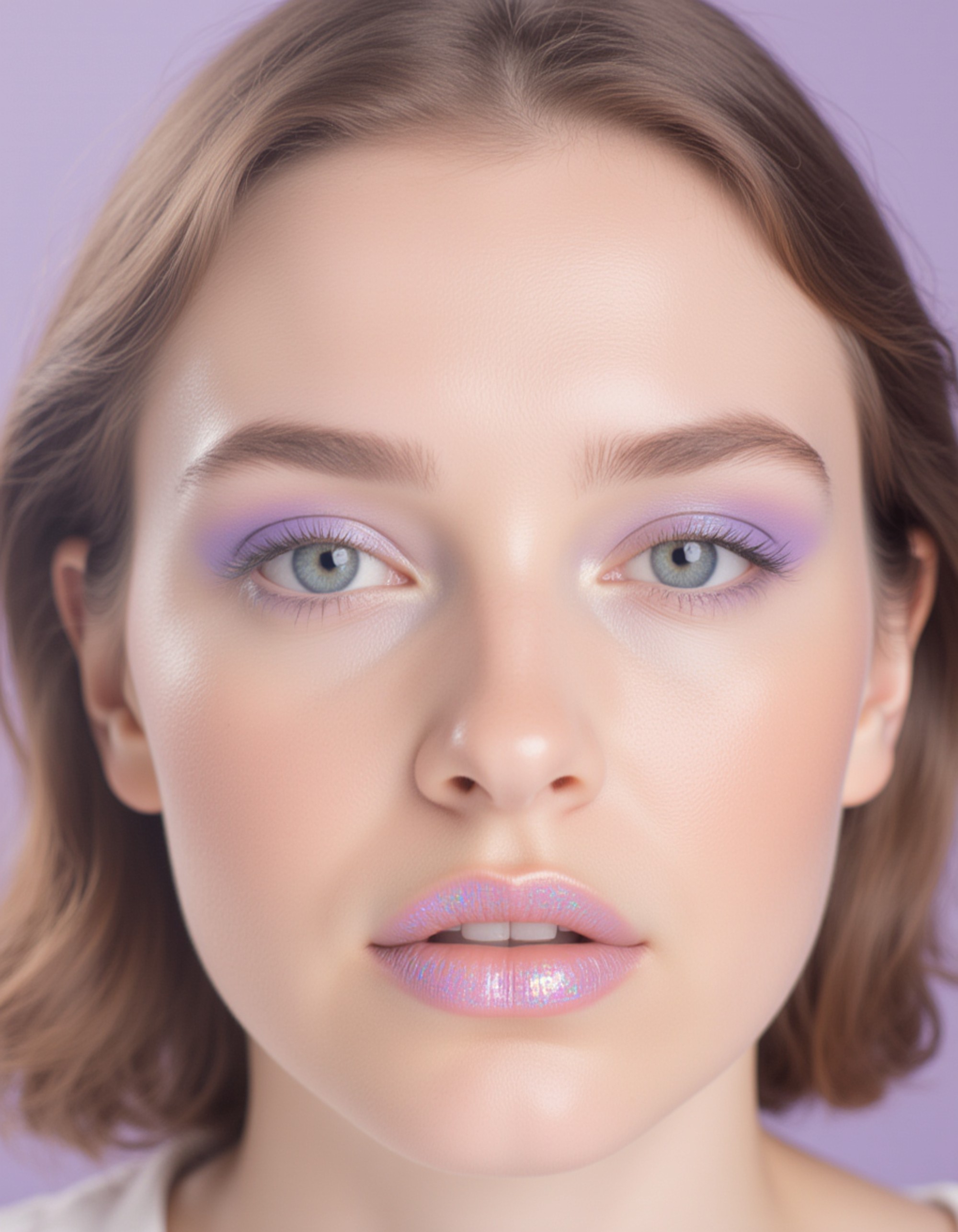 editorial tight shot showcasing pastel lavender eyeshadow, glass-skin finish, and a holographic gloss applied to the lips, framed with a smooth pastel gradient