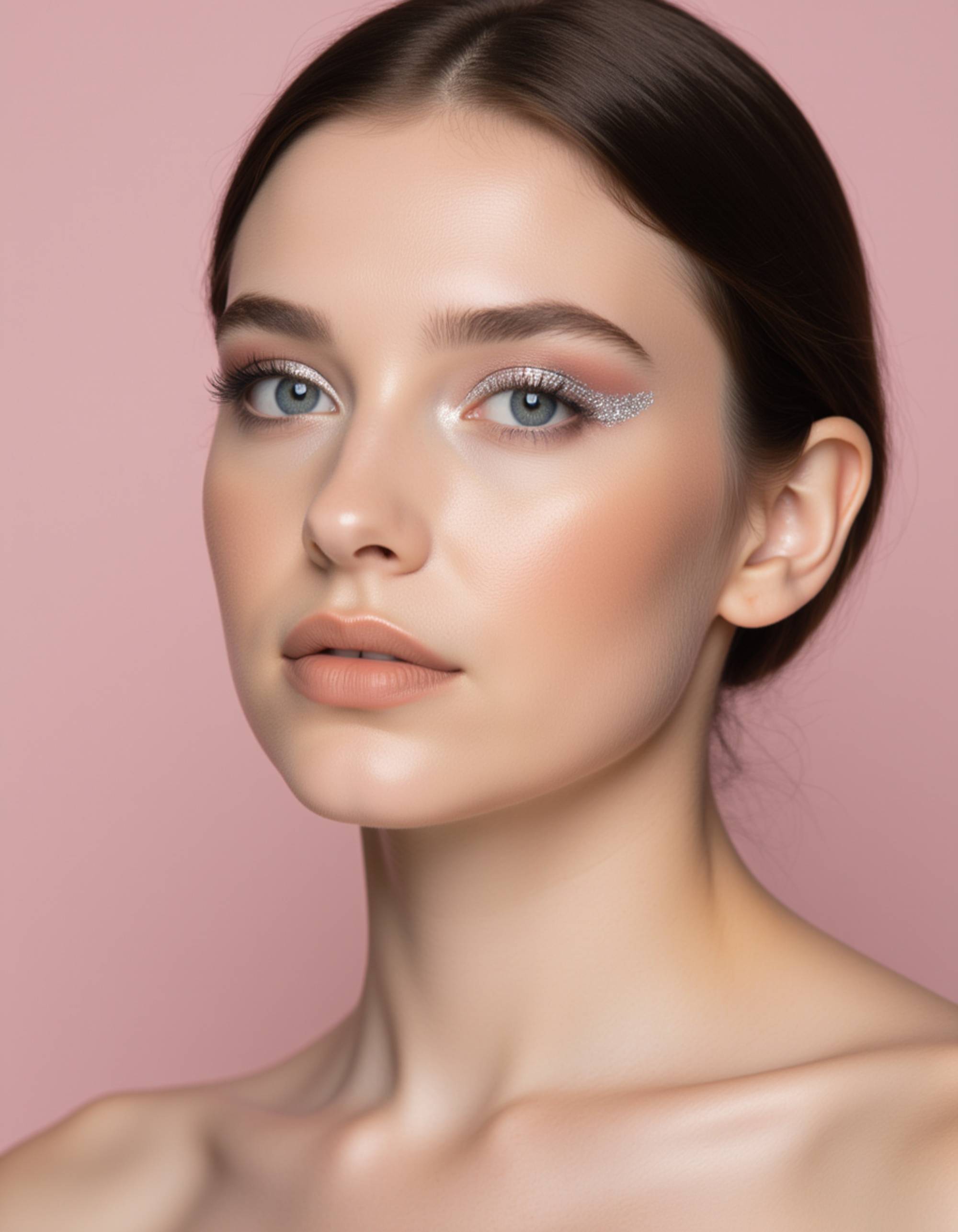 creative makeup look with sparkling silver inner-corner highlight, gradient blush across the cheeks, and a soft glossy lip tint, photographed against a subtle pastel backdrop