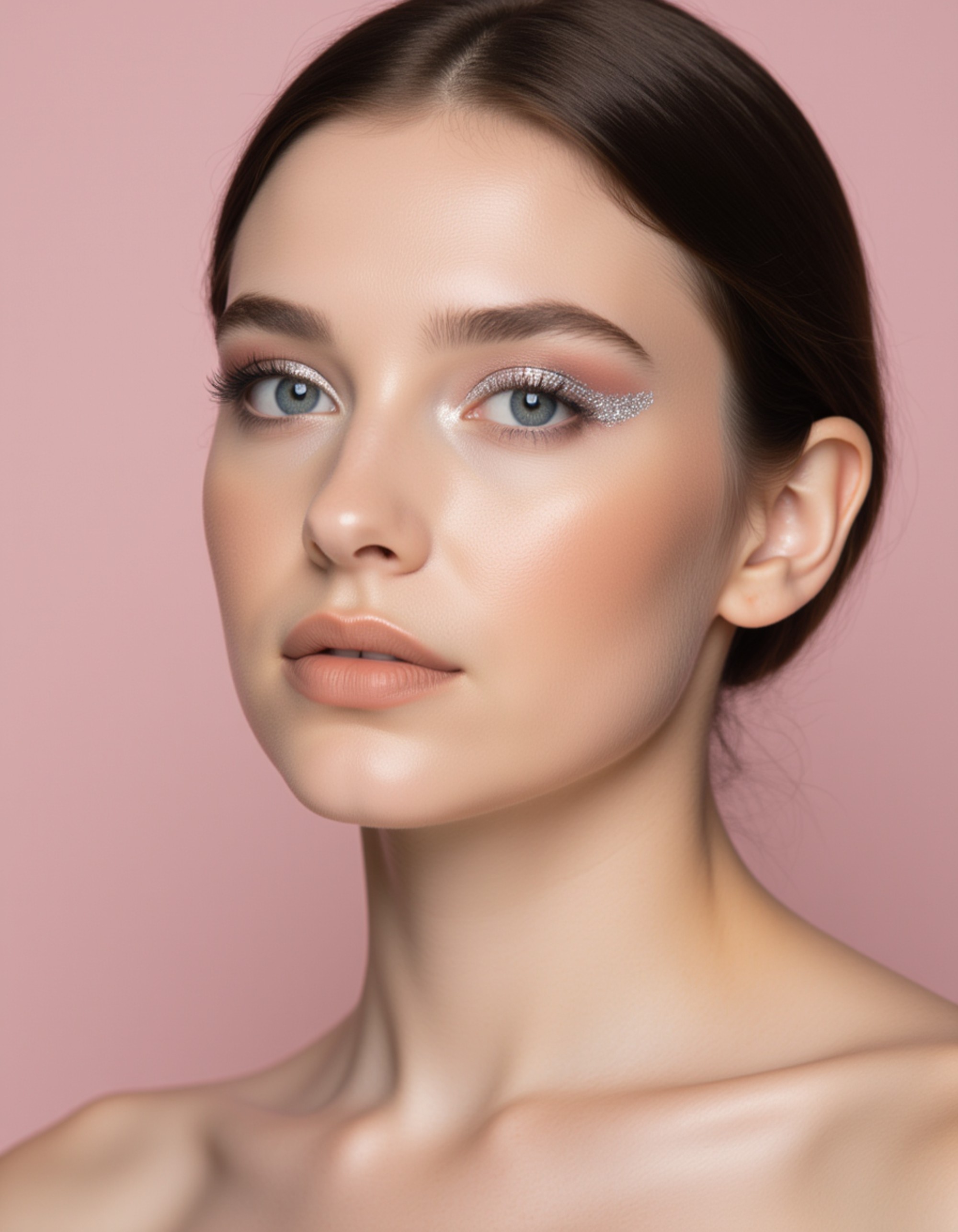 creative makeup look with sparkling silver inner-corner highlight, gradient blush across the cheeks, and a soft glossy lip tint, photographed against a subtle pastel backdrop