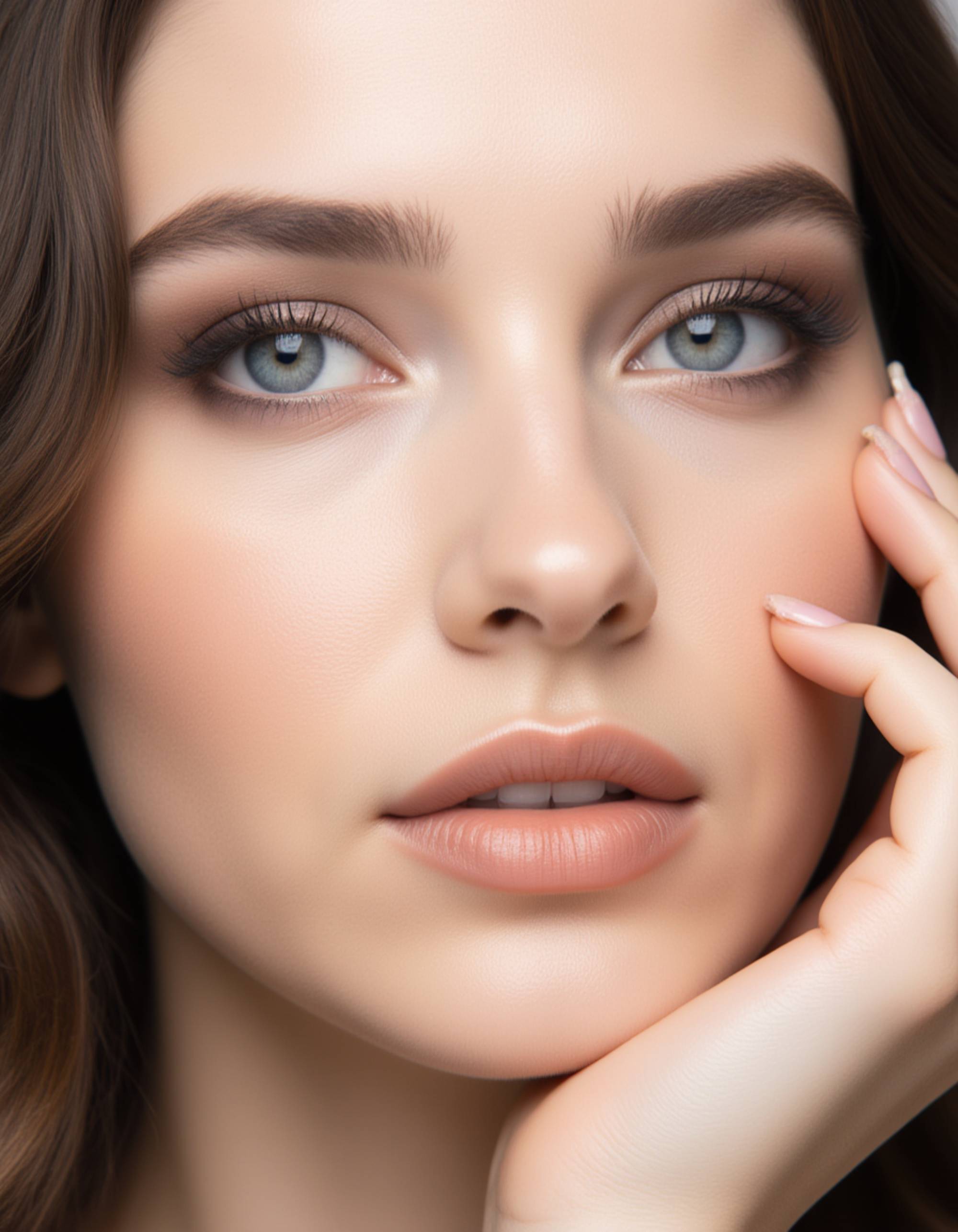 glam close-up featuring dramatic smoky plum eyes, perfectly sculpted contour, and a reflective clear gloss, set against a clean pastel background