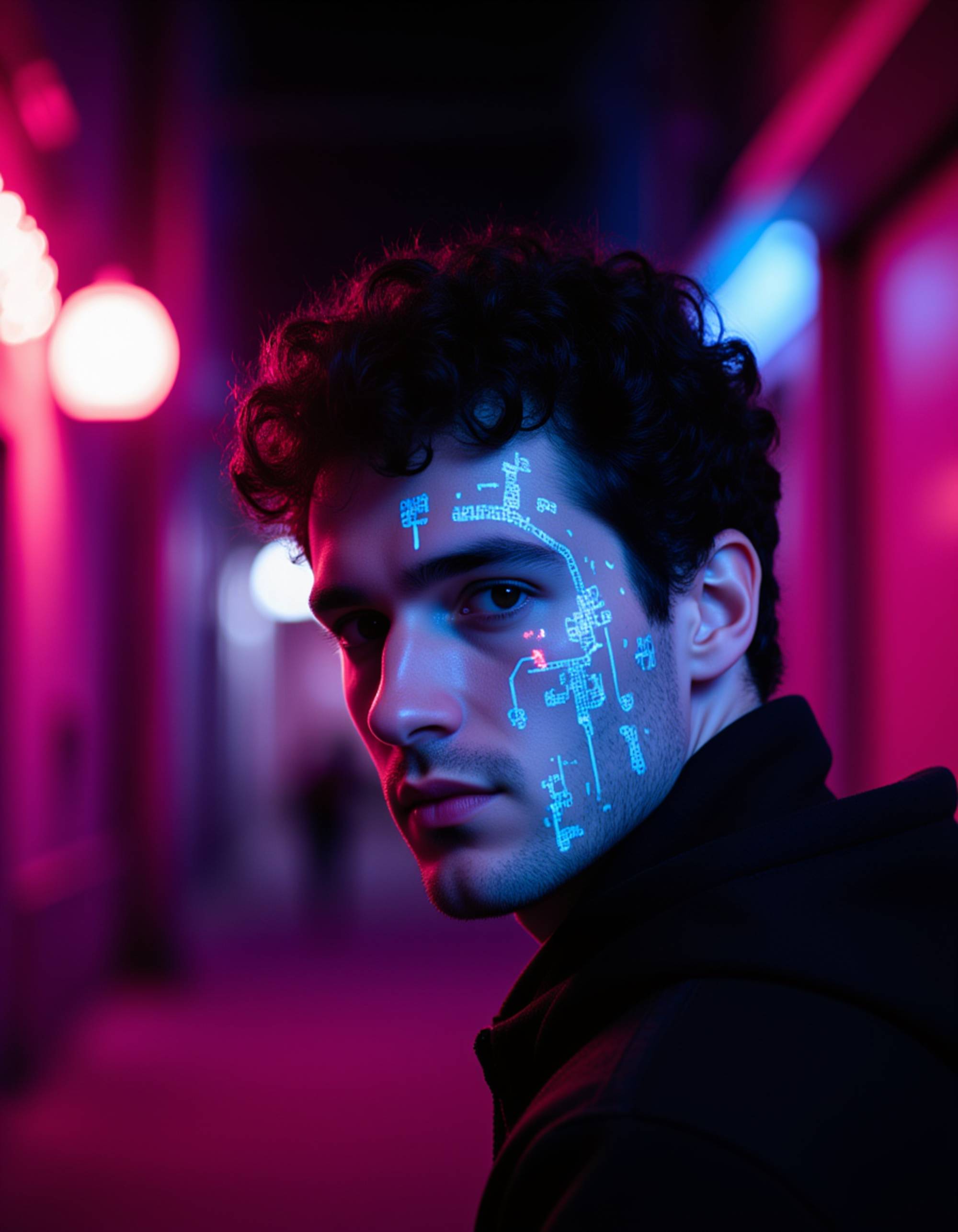 close-up portrait with neon-blue circuitry patterns glowing across the face, slick hairstyle reflecting magenta lights, captured in a moody cyberpunk alley