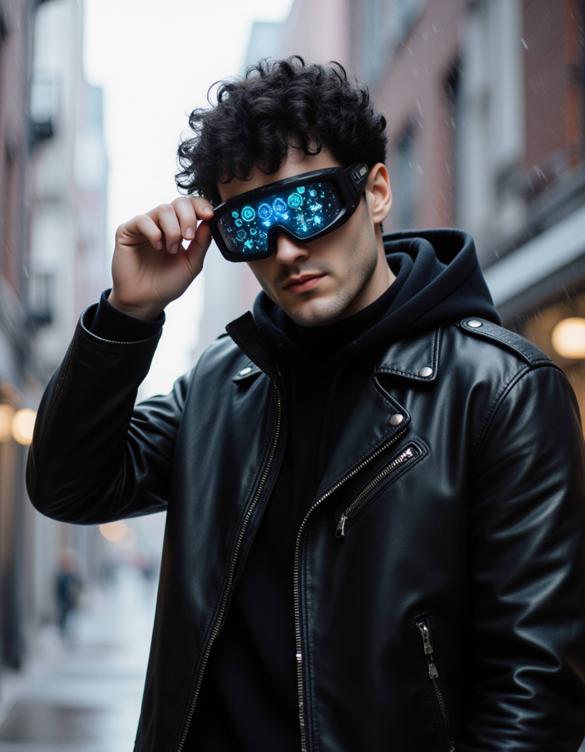 stylish figure adjusting a high-tech visor emitting holographic symbols, wearing a reinforced urban jacket with metallic trims, set against a rainy futuristic cityscape