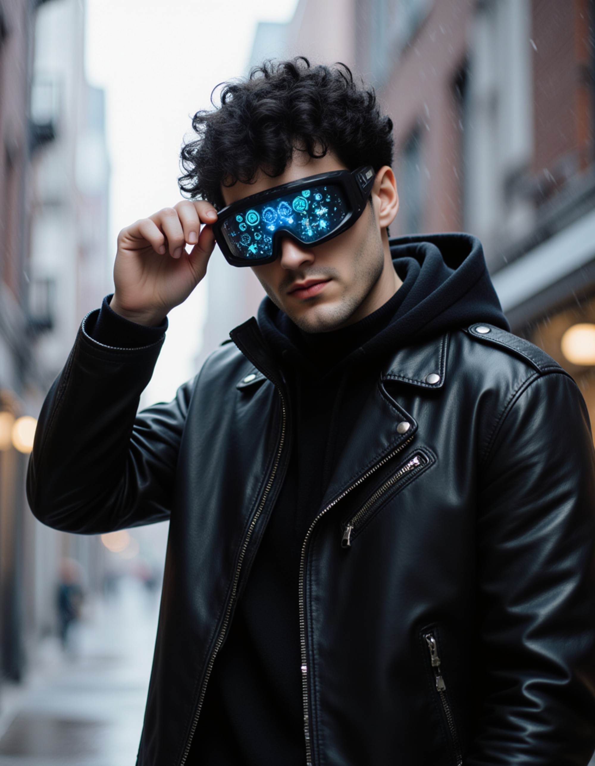 stylish figure adjusting a high-tech visor emitting holographic symbols, wearing a reinforced urban jacket with metallic trims, set against a rainy futuristic cityscape