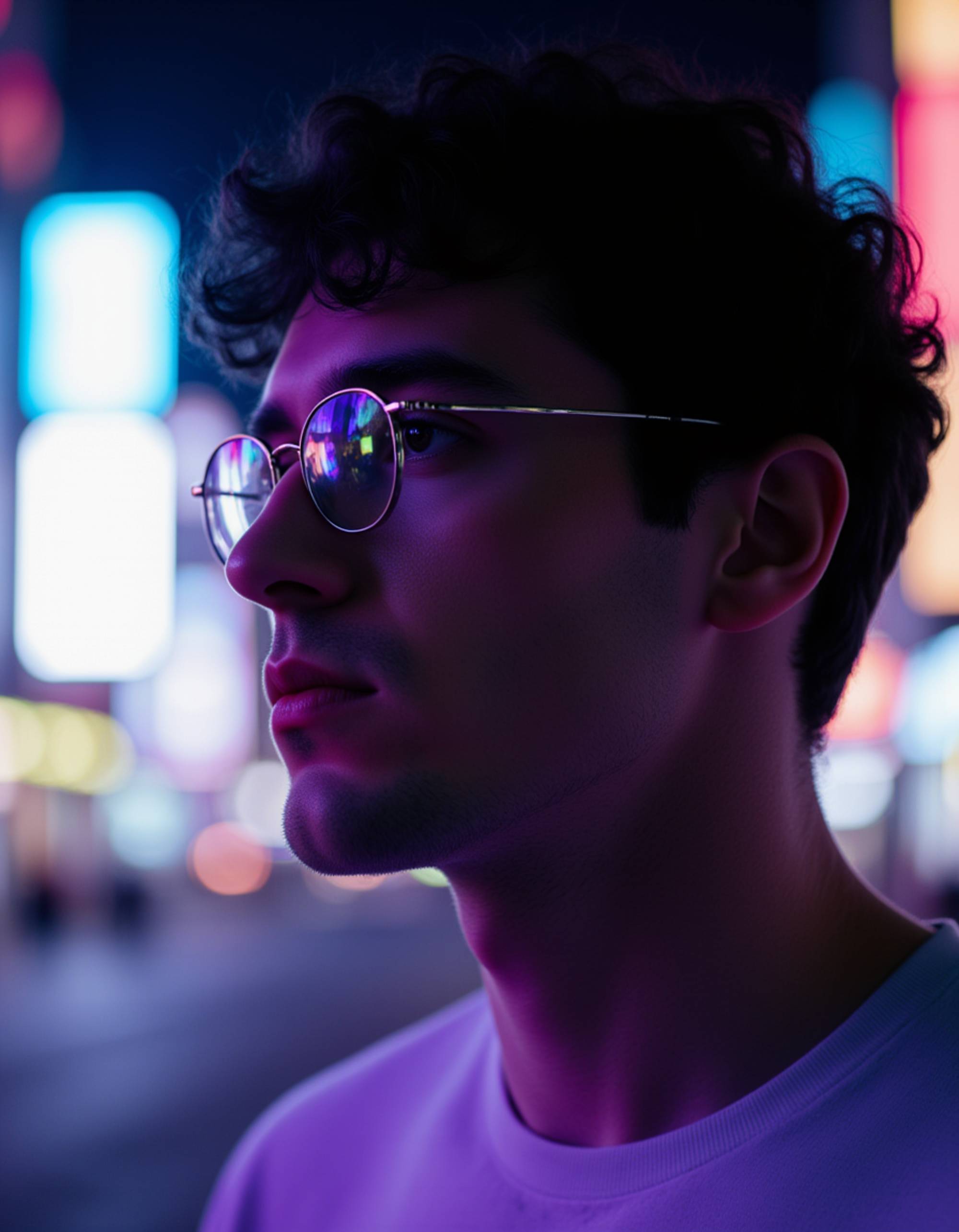 profile shot with sharp jawline illuminated by shifting holographic billboards, subtle chrome face accents under dim ultraviolet lighting