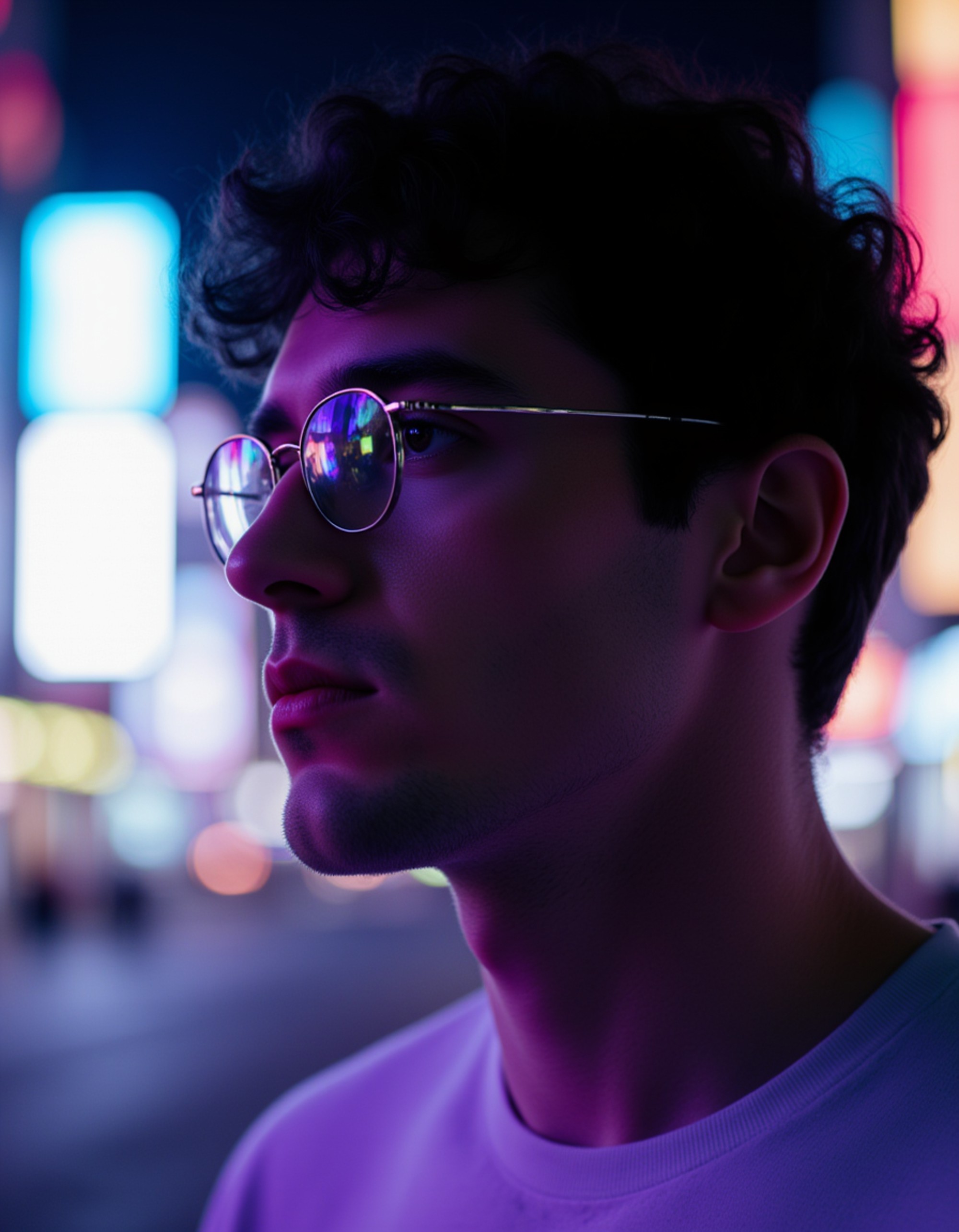 profile shot with sharp jawline illuminated by shifting holographic billboards, subtle chrome face accents under dim ultraviolet lighting