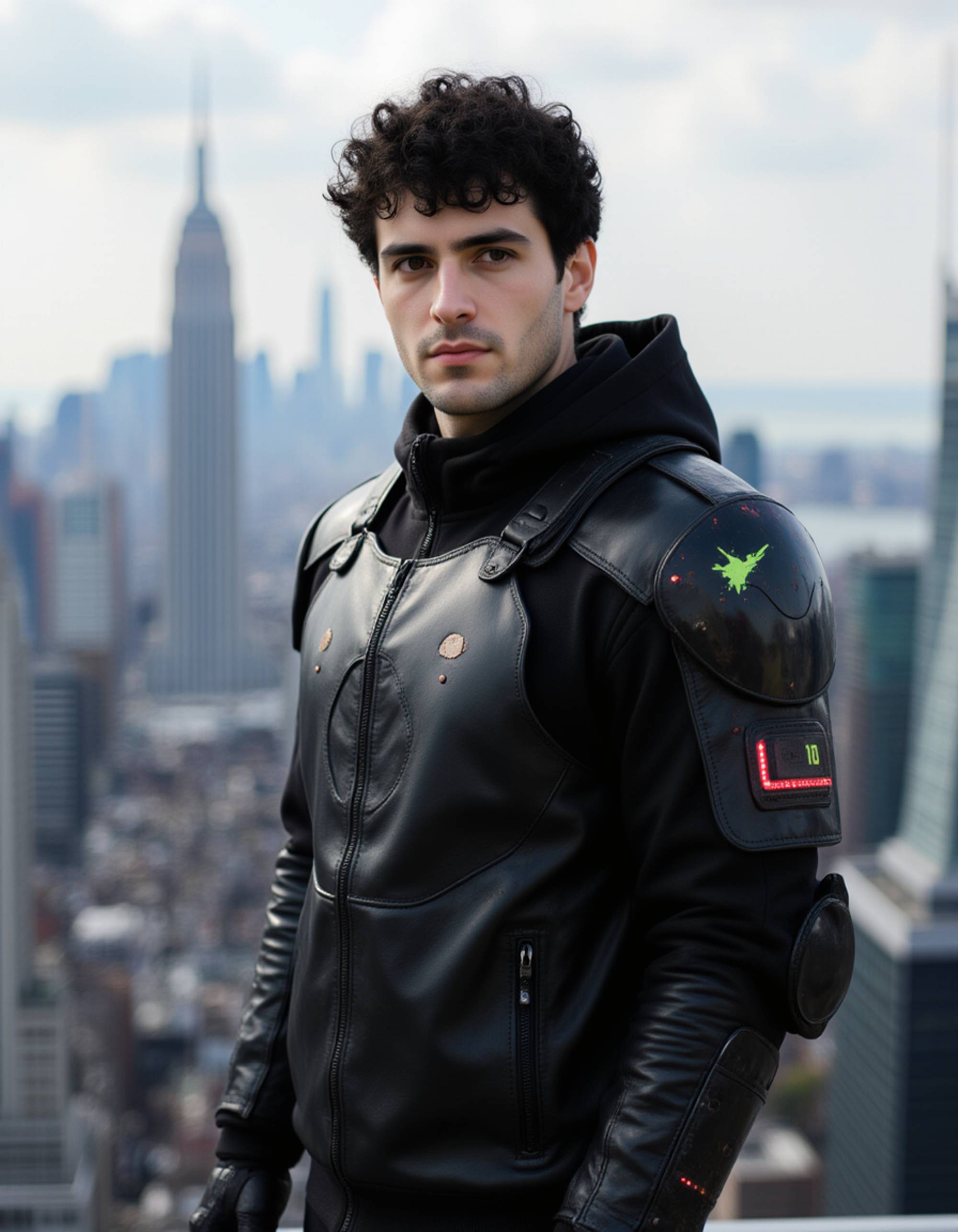 standing confidently on a rooftop with synthetic armor panels and glowing decals, electric reflections highlighting the eyes, dense cyberpunk skyline behind