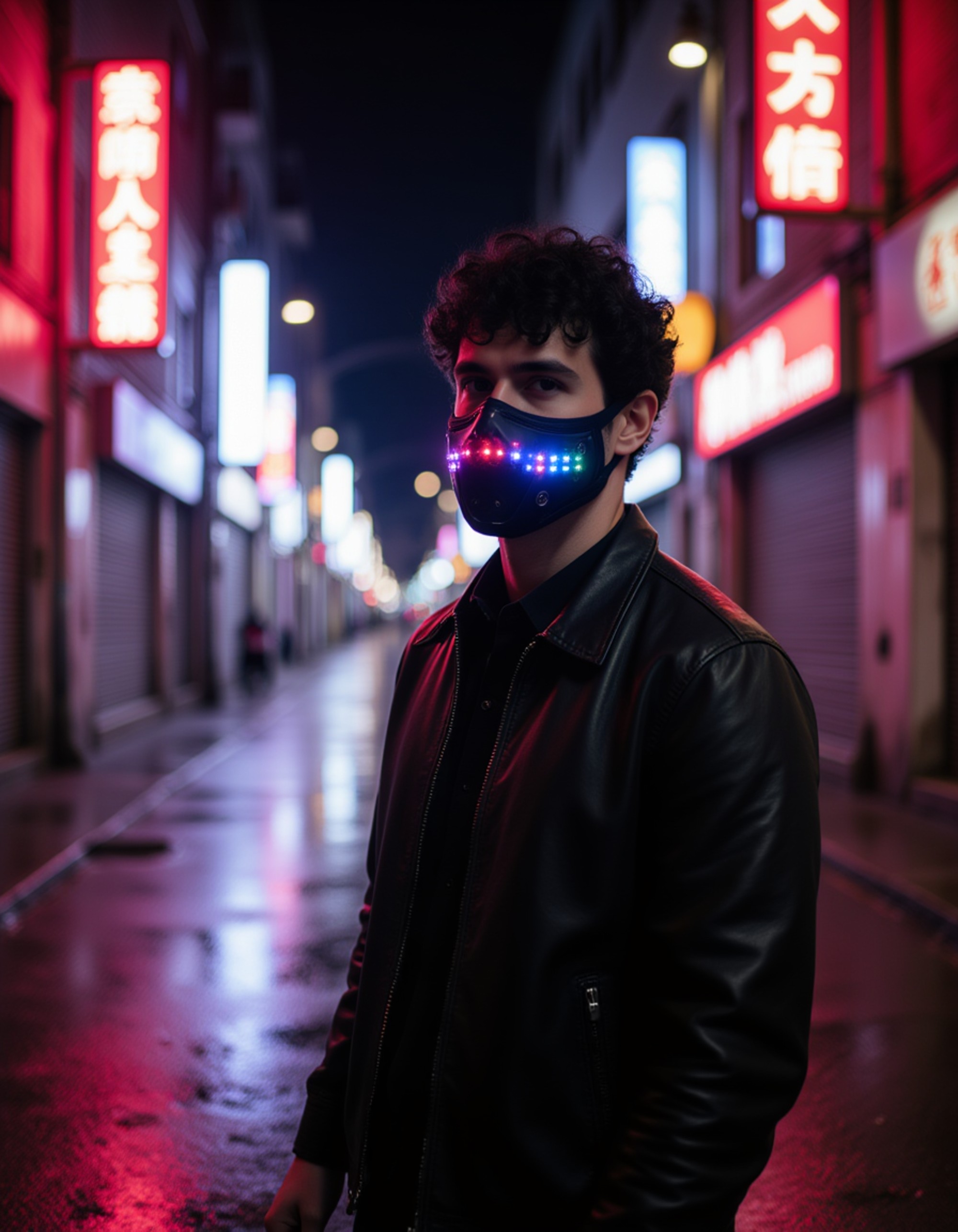 gritty street-level shot with neon reflections on wet pavement, wearing a cybernetic mask with animated LEDs, posture relaxed but powerful