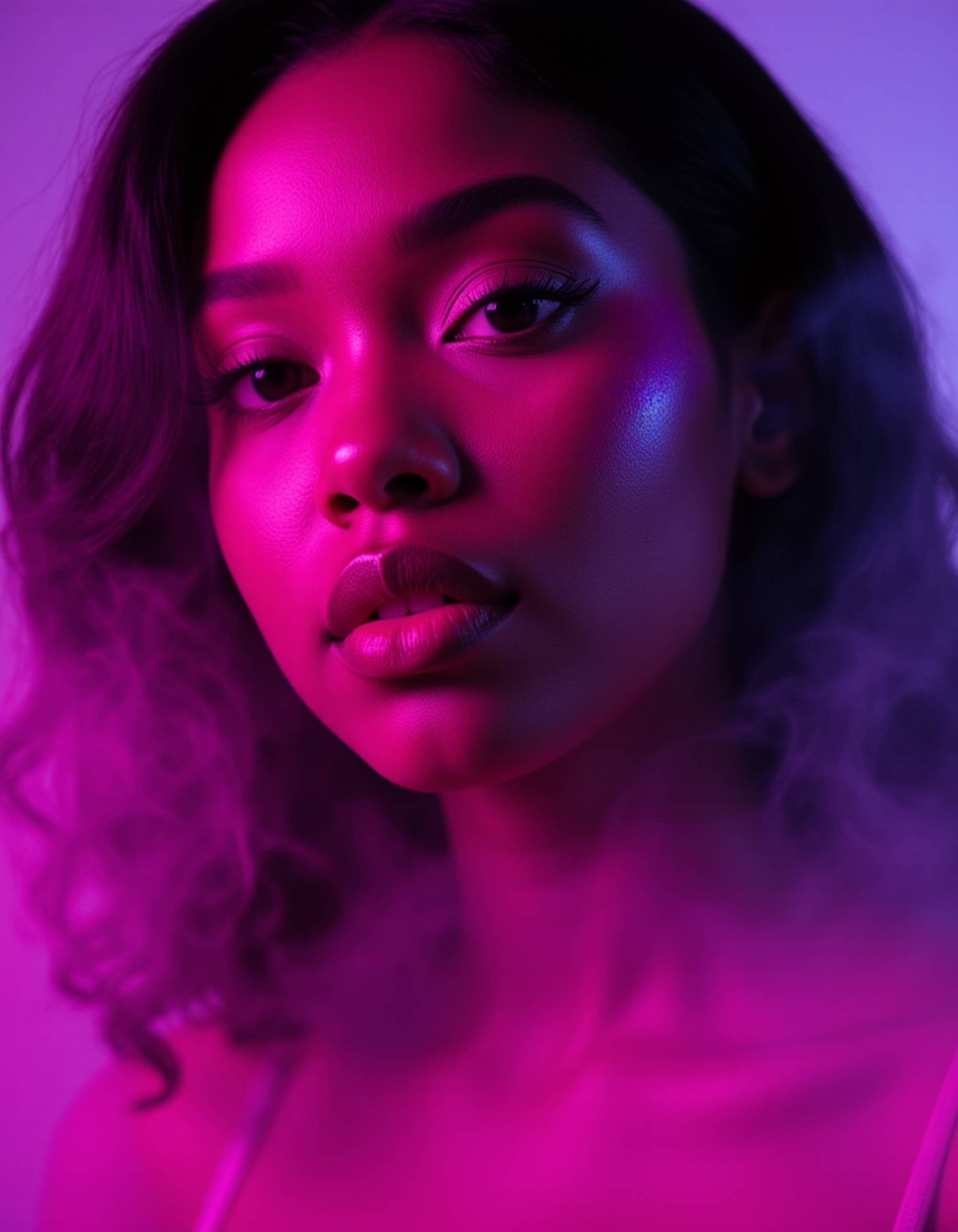 close-up beauty shot with luminous pink and violet cybernetic makeup, shimmering under neon lights, soft smoke drifting in the background