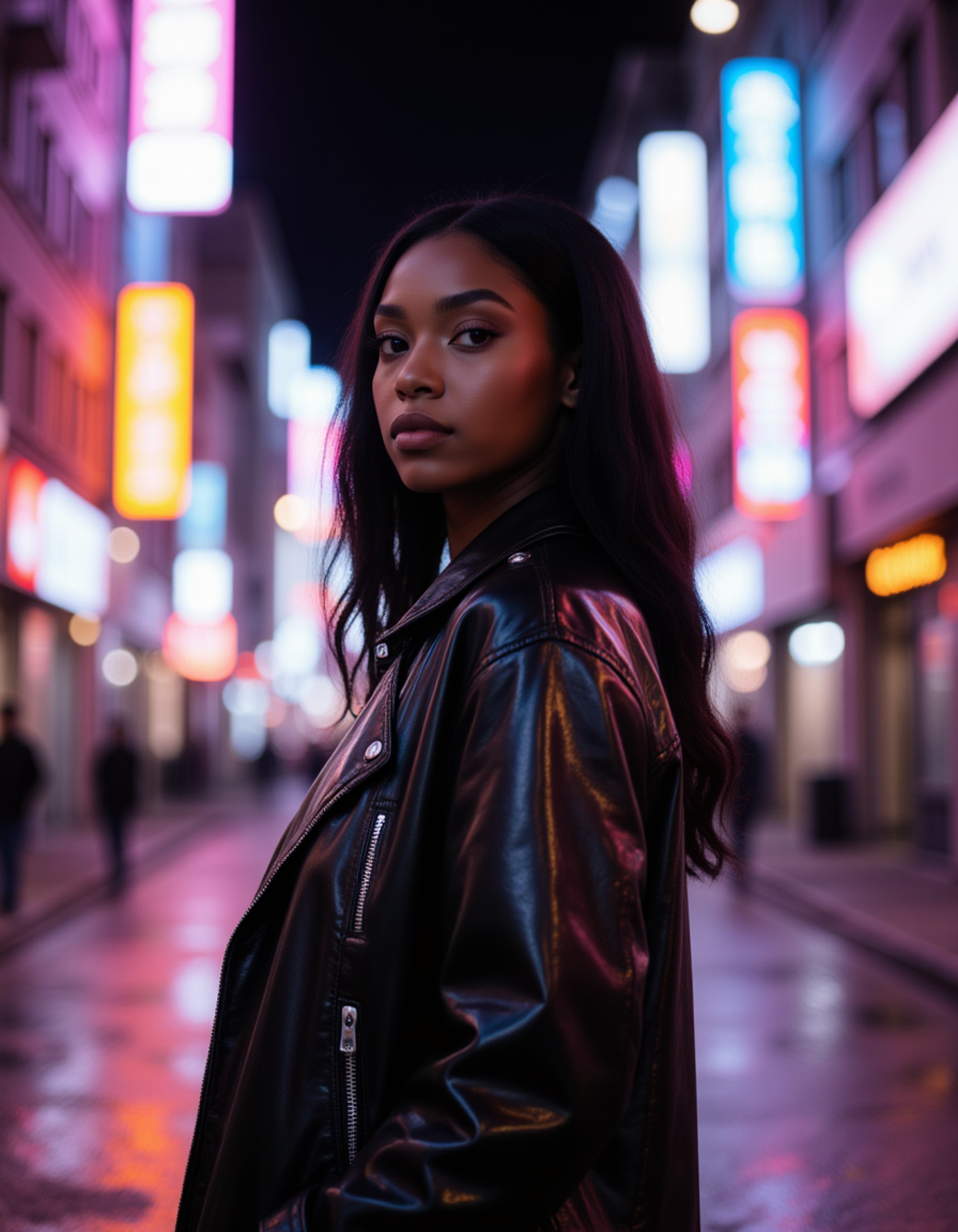 stylish silhouette wearing a sleek reflective jacket and holographic eye accents, standing beneath towering neon signs in a futuristic district
