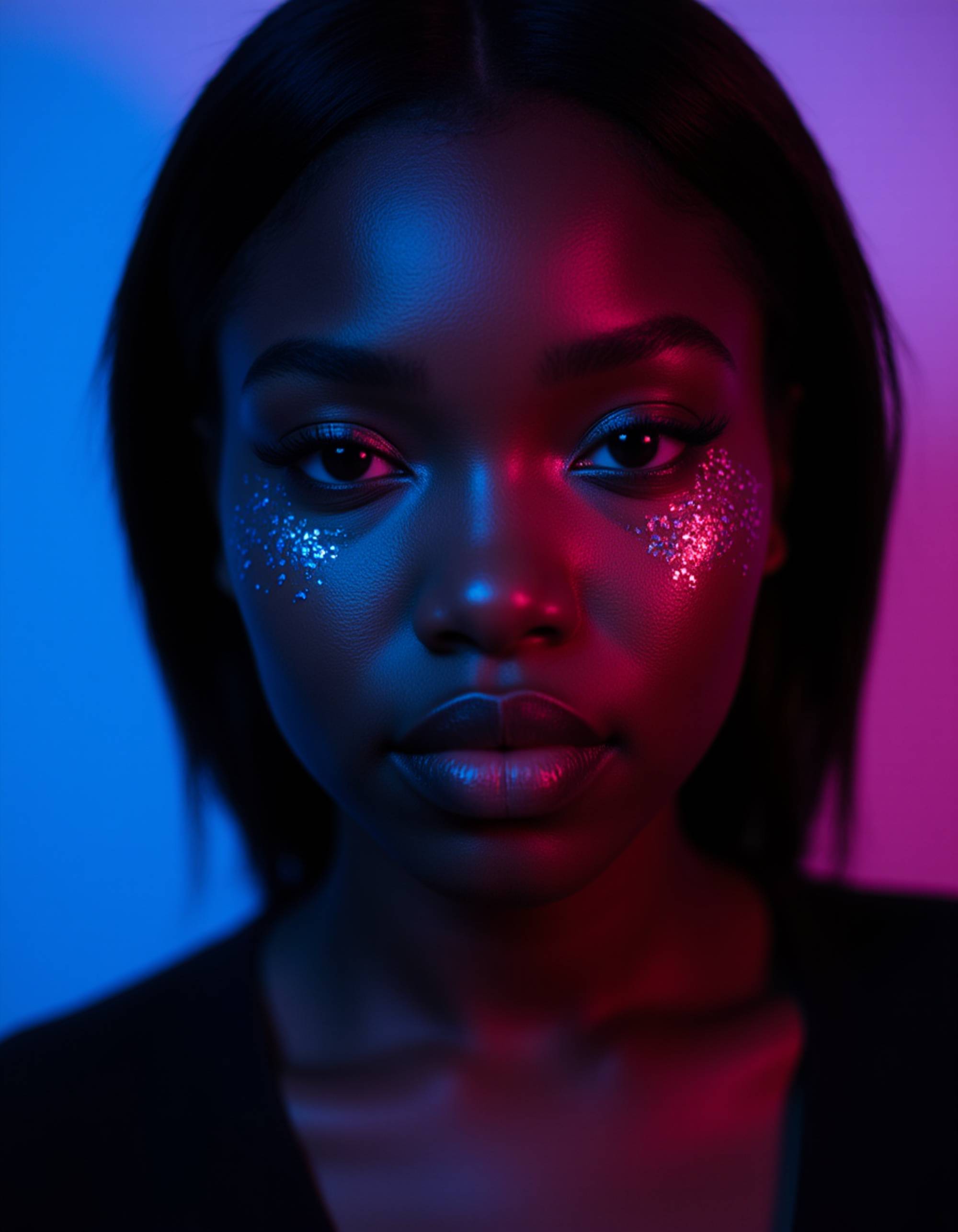 dramatic portrait with metallic eyeliner, glowing microchip patterns along the cheekbone, captured in intense blue and magenta lighting