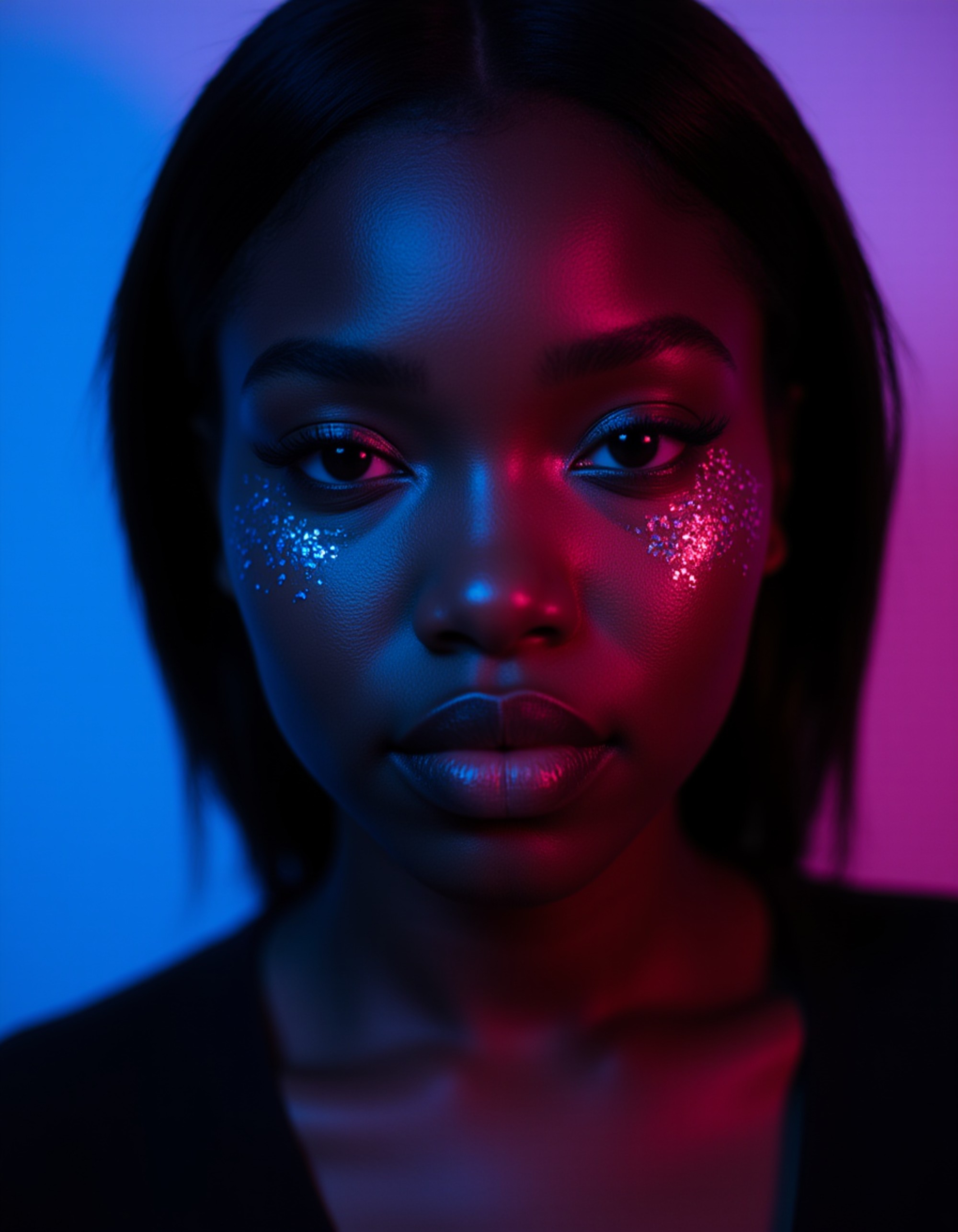 dramatic portrait with metallic eyeliner, glowing microchip patterns along the cheekbone, captured in intense blue and magenta lighting