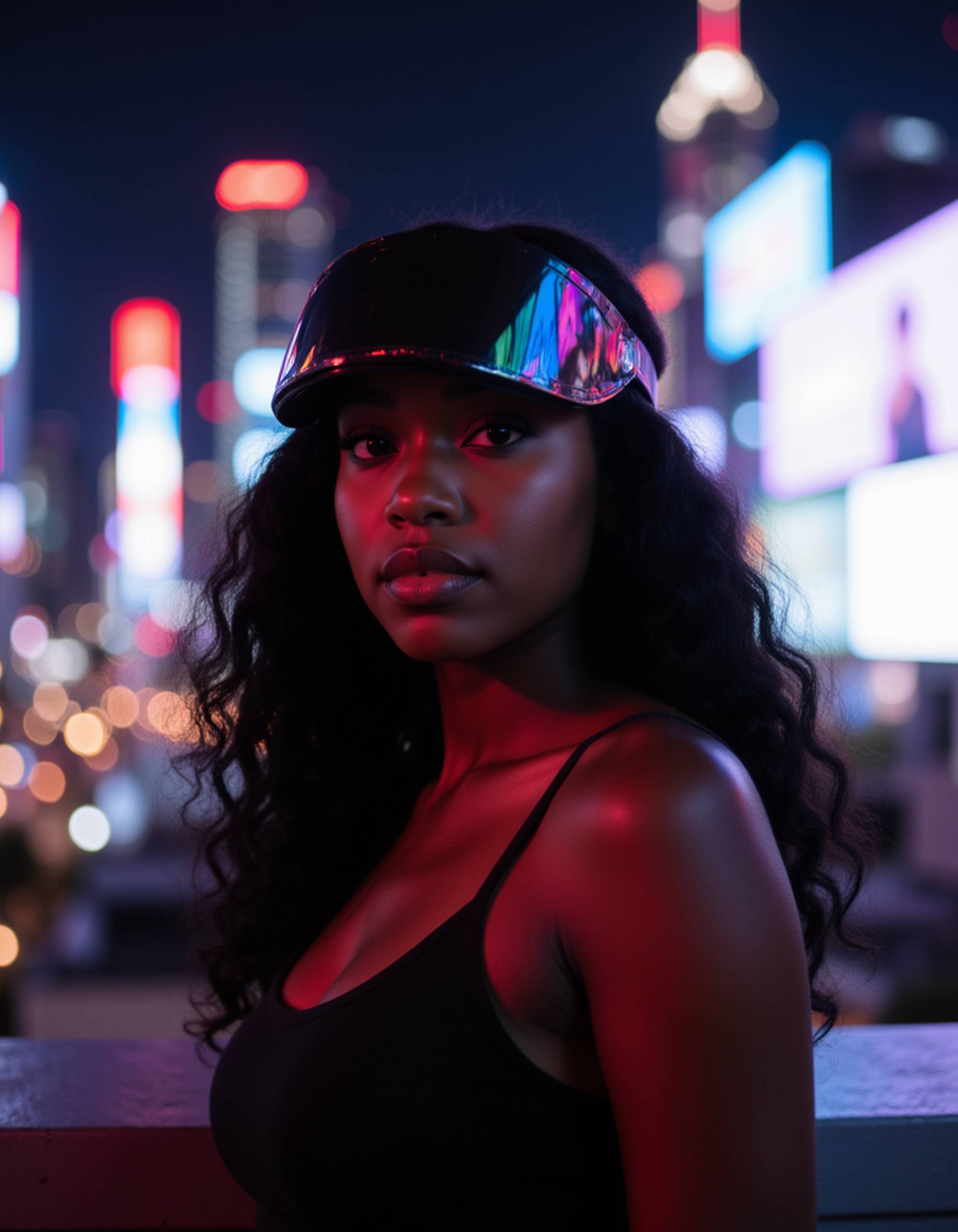 standing on a neon-lit rooftop with flowing hair illuminated by digital billboards, wearing a high-tech visor casting colorful reflections across the face