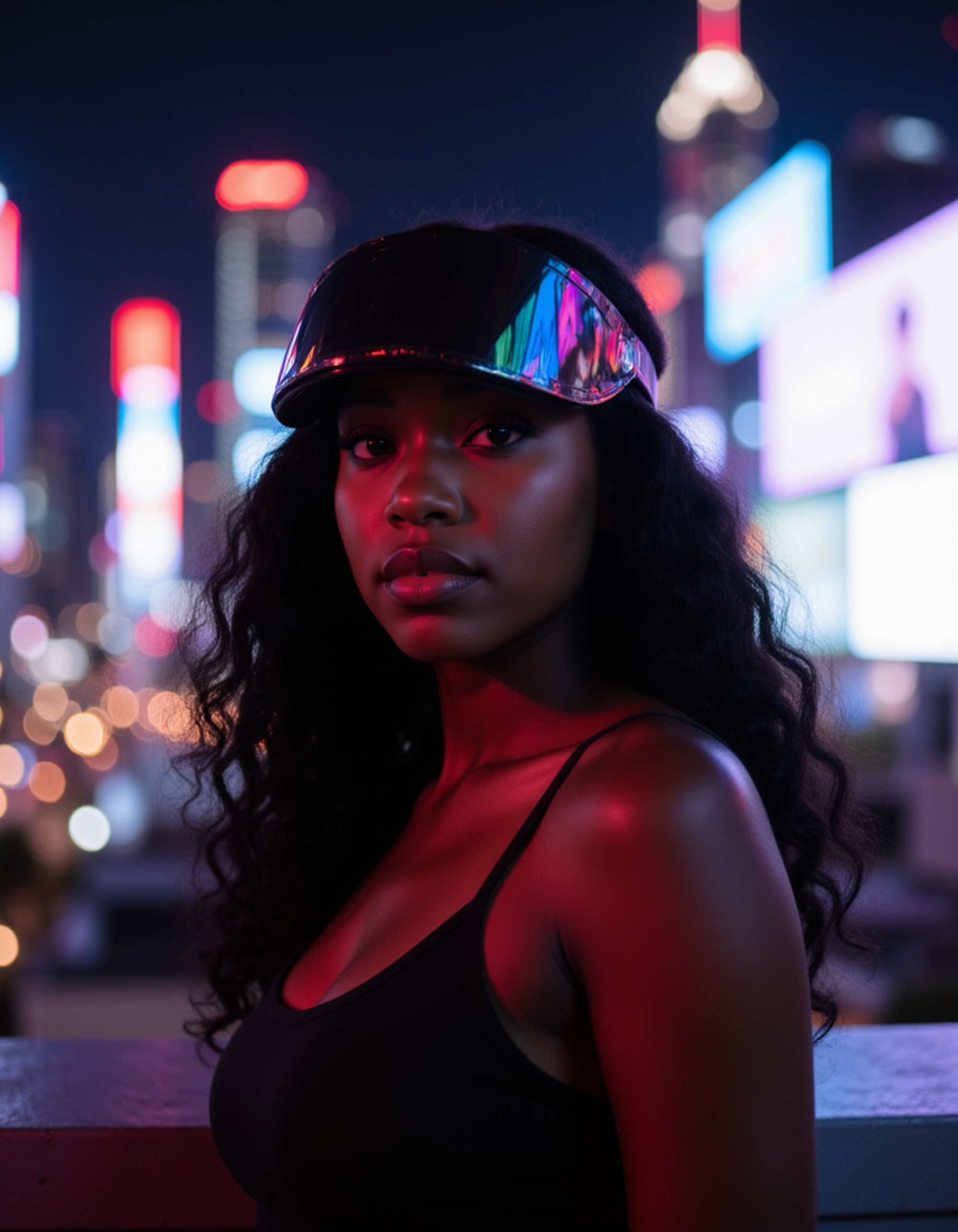 standing on a neon-lit rooftop with flowing hair illuminated by digital billboards, wearing a high-tech visor casting colorful reflections across the face
