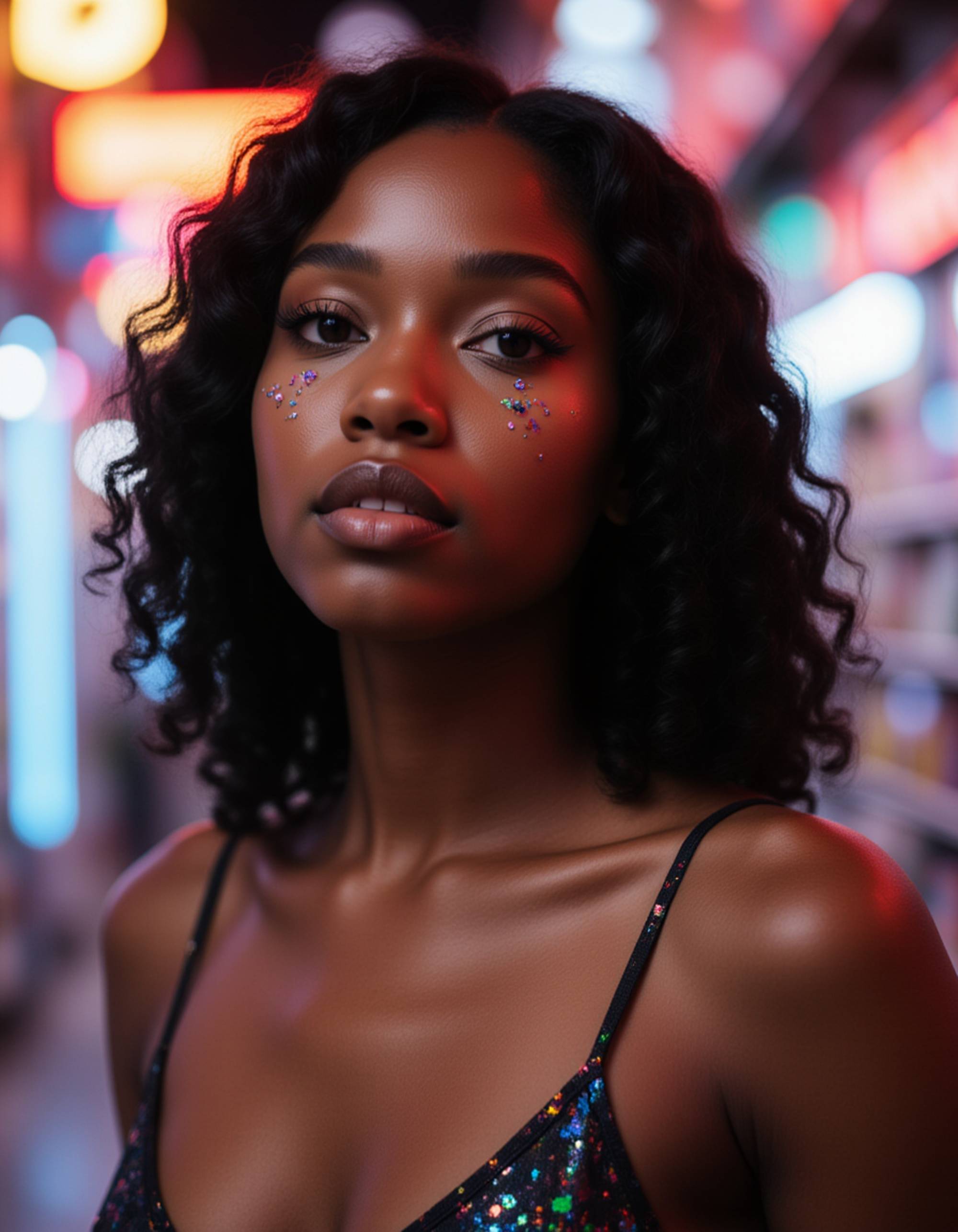 artistic pose with iridescent chrome makeup and subtle cybernetic implants, set inside a vibrant, hologram-filled marketplace