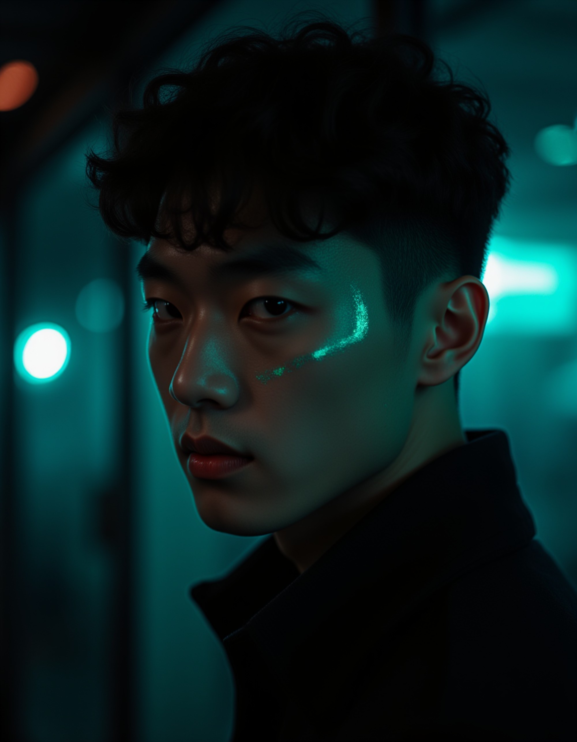 intense close-up with glowing teal facial implants and subtle metallic accents, neon reflections cutting across the face in a dark tech district