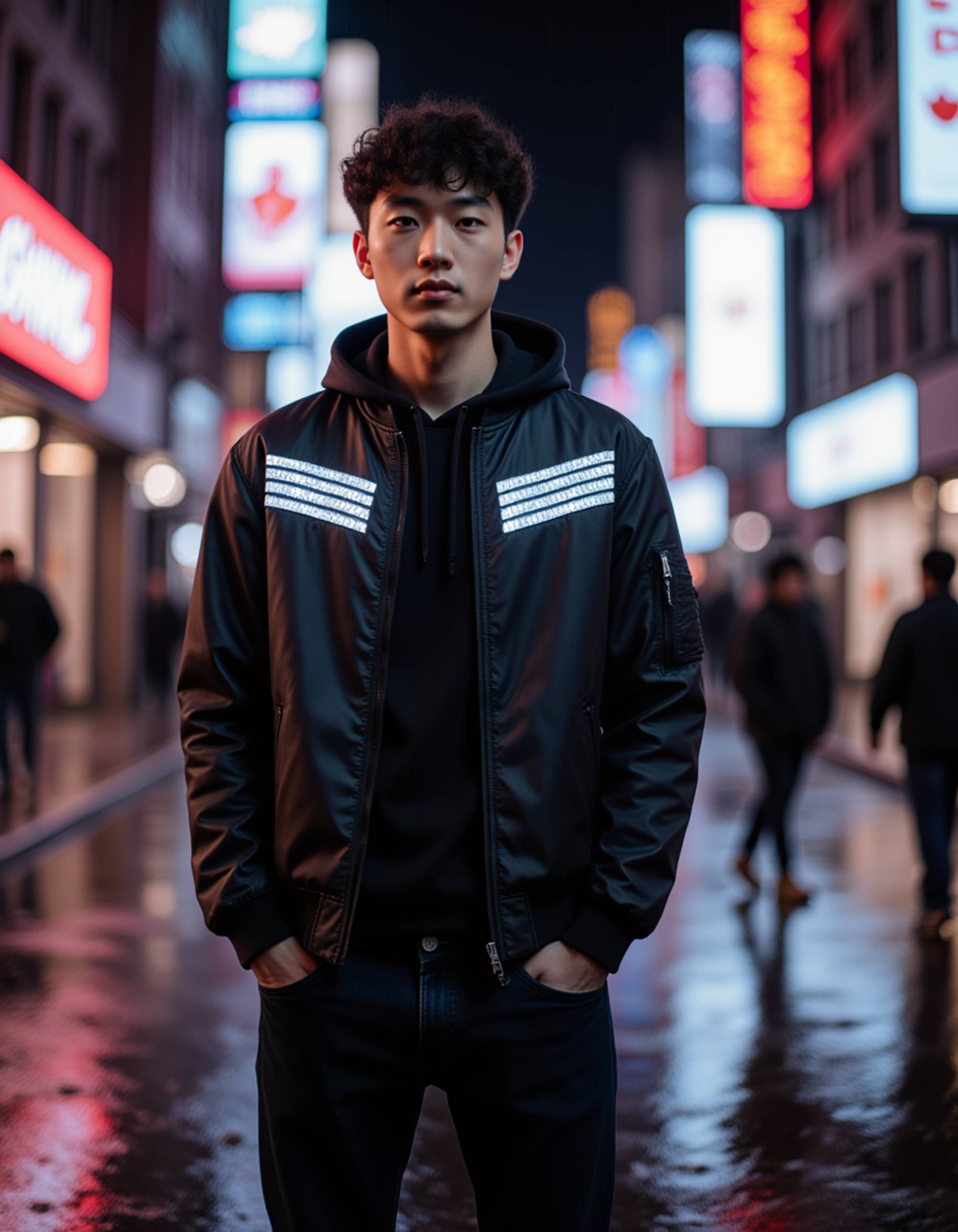 street-style shot wearing a reinforced tech jacket with animated LED strips, standing under rain-soaked neon signs with a confident posture