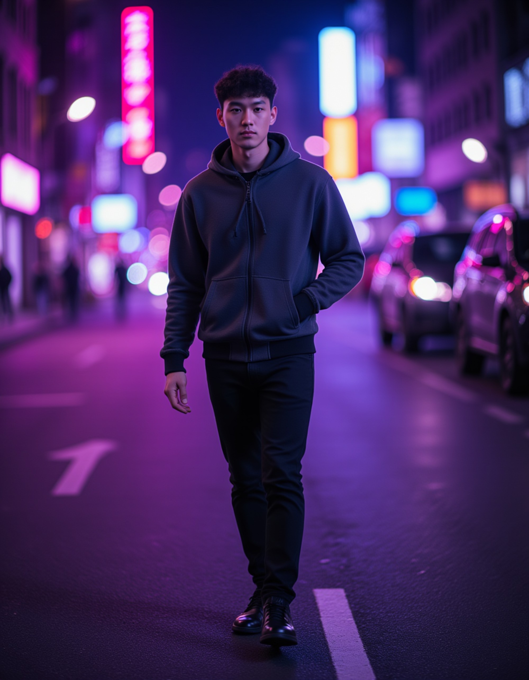 dynamic action pose mid-stride, holographic HUD elements floating around, illuminated by deep purple and electric blue city lights