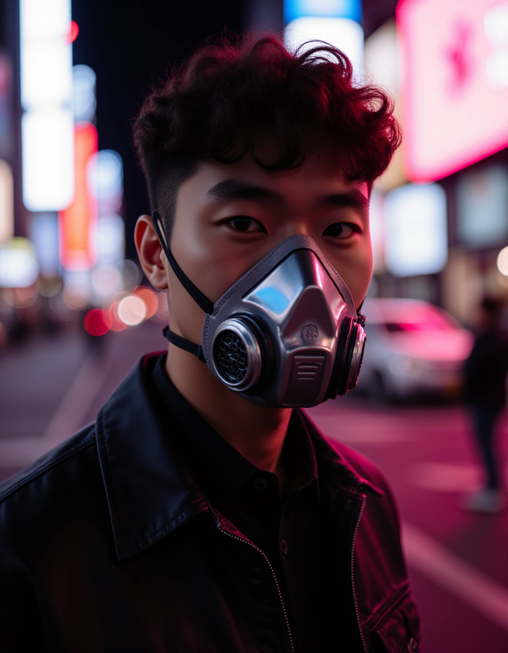 portrait with chrome-like cheek details and a futuristic breathing mask, saturated in neon pink and cyan glow from nearby billboards