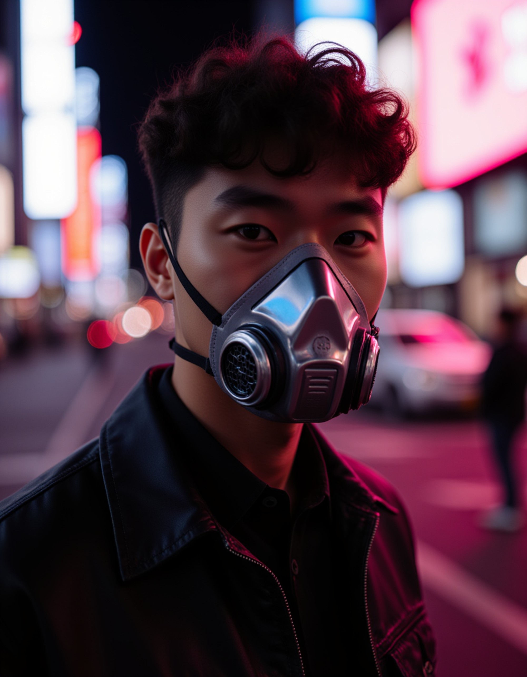 portrait with chrome-like cheek details and a futuristic breathing mask, saturated in neon pink and cyan glow from nearby billboards