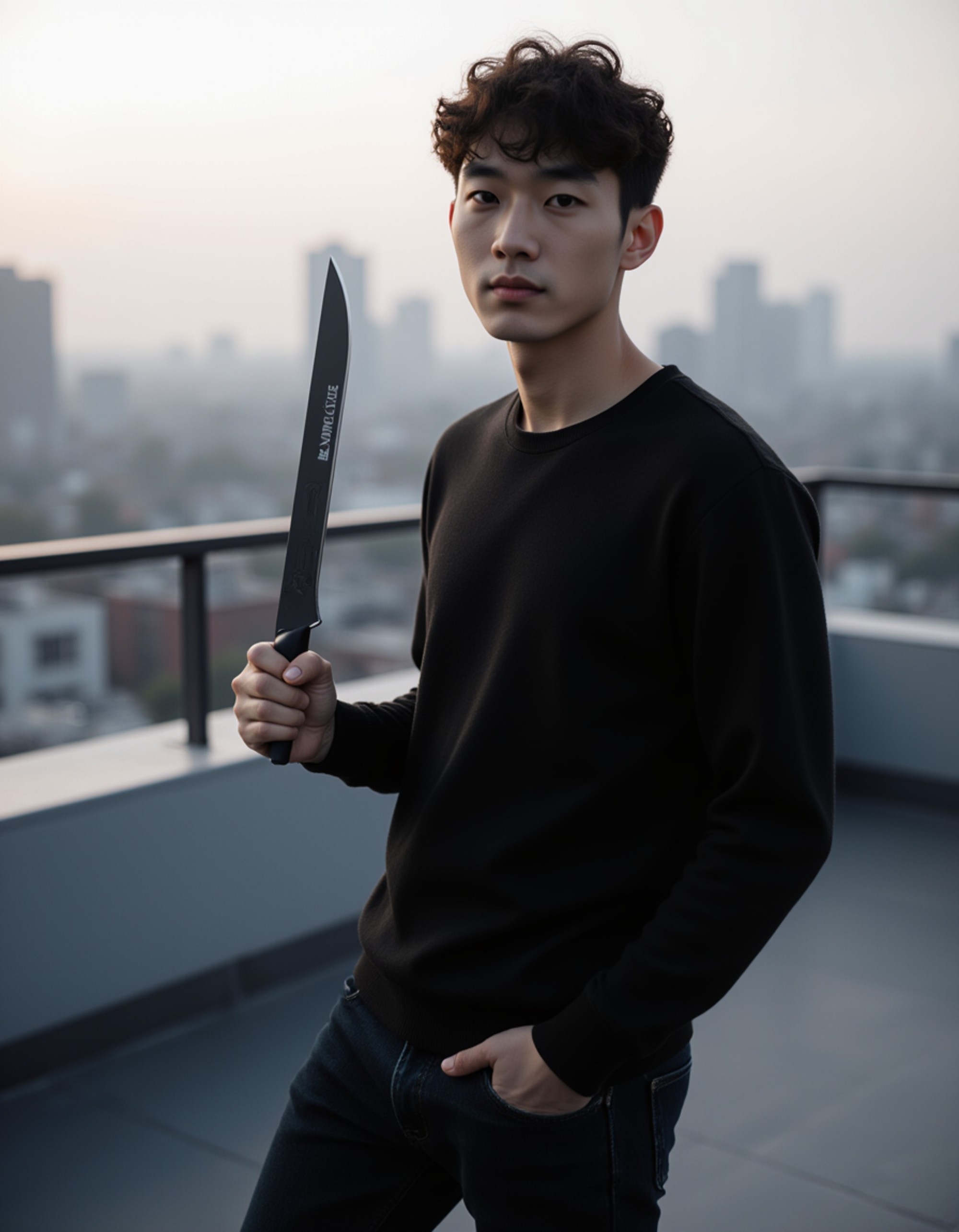 calm rooftop moment holding a sleek cyber blade, subtle nanotech lines glowing on the neck, futuristic skyline stretching behind