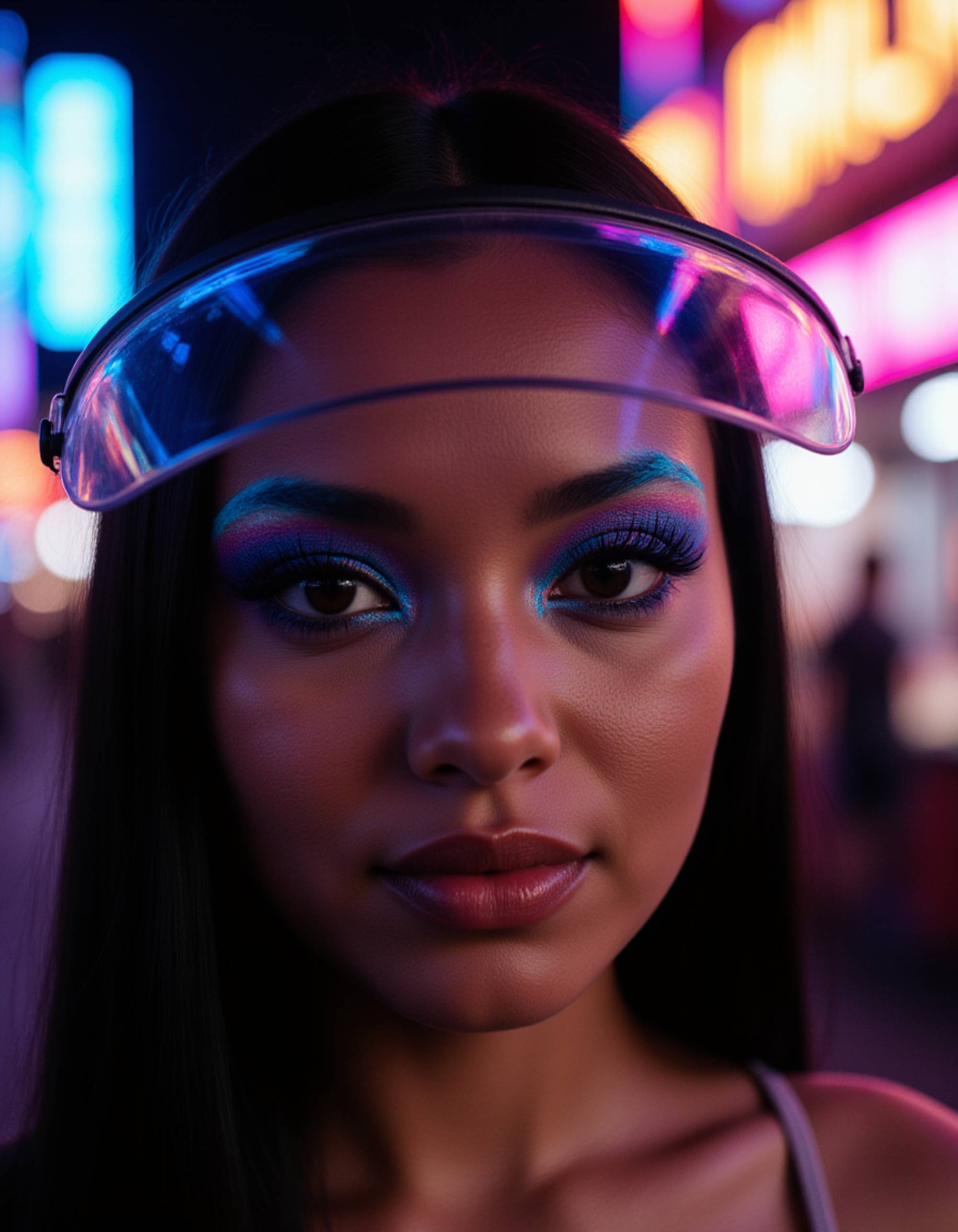 close-up with iridescent makeup and glowing lashes, wearing a translucent visor reflecting neon signs, set against a futuristic night market