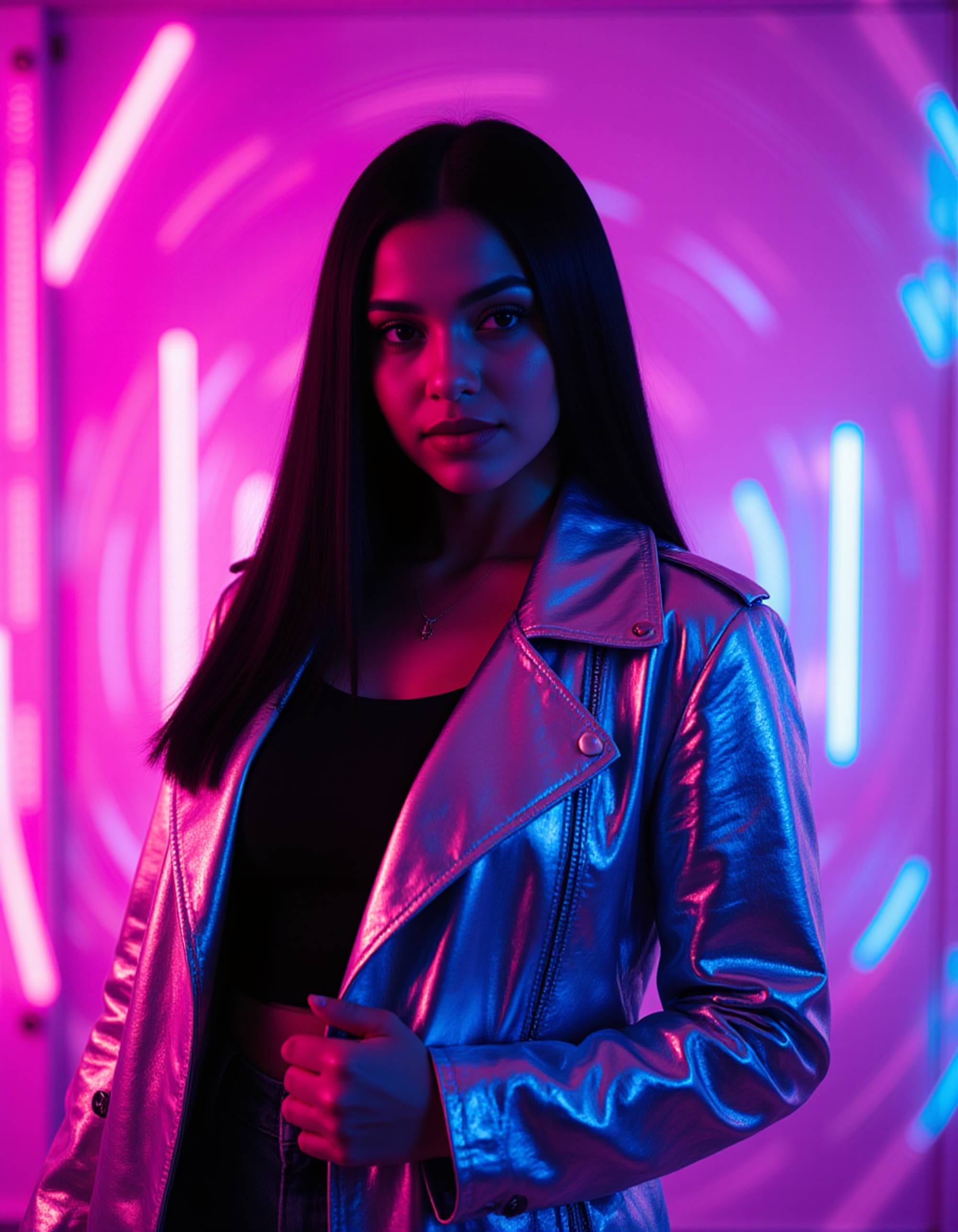 dramatic pose in a chrome trench coat with fiber-optic threads, backlit by swirling pink and blue cyber lights