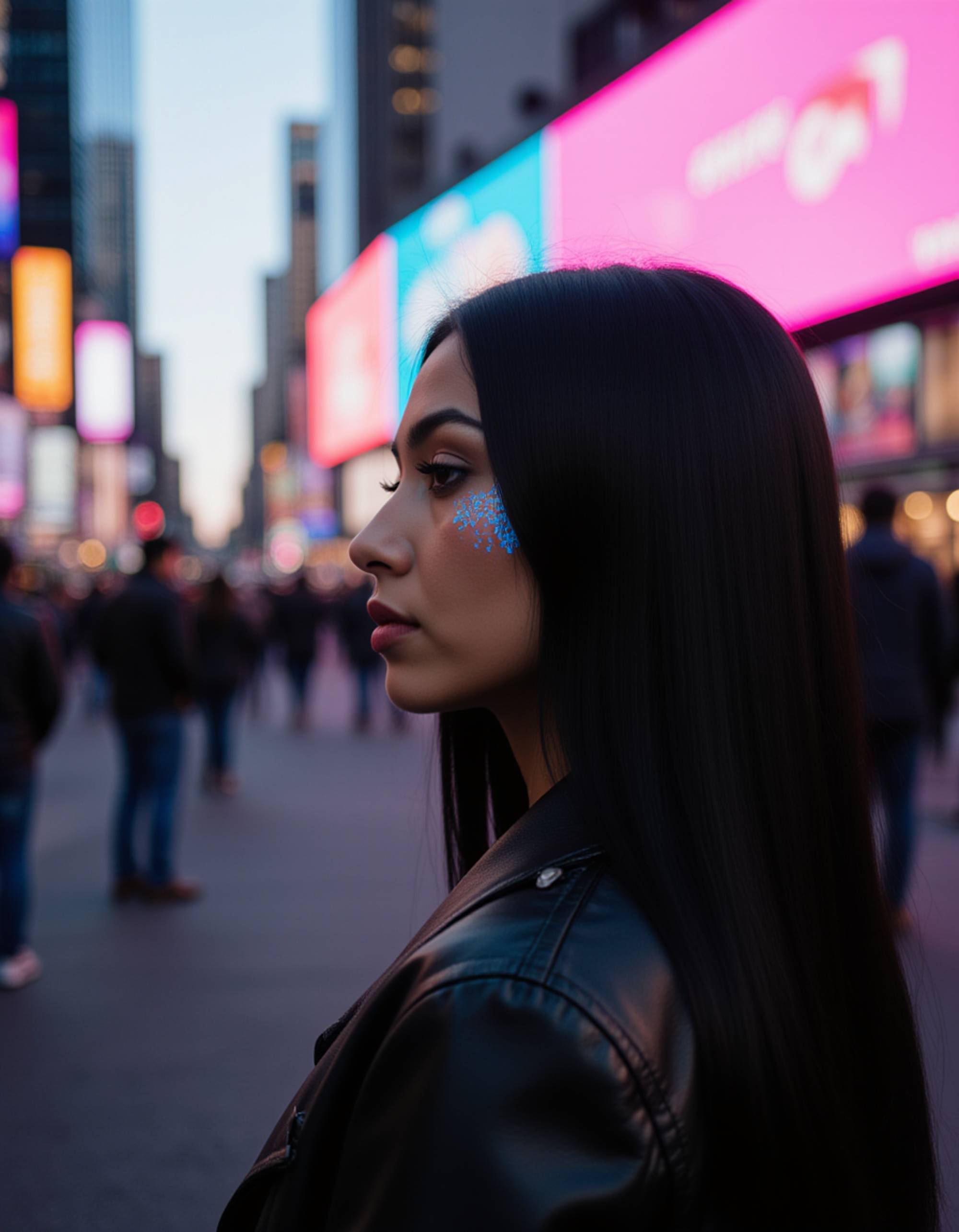 side profile with glowing circuitry tattoos along the cheekbone, standing in front of a vibrant digital billboard wall in a crowded cyberpunk street