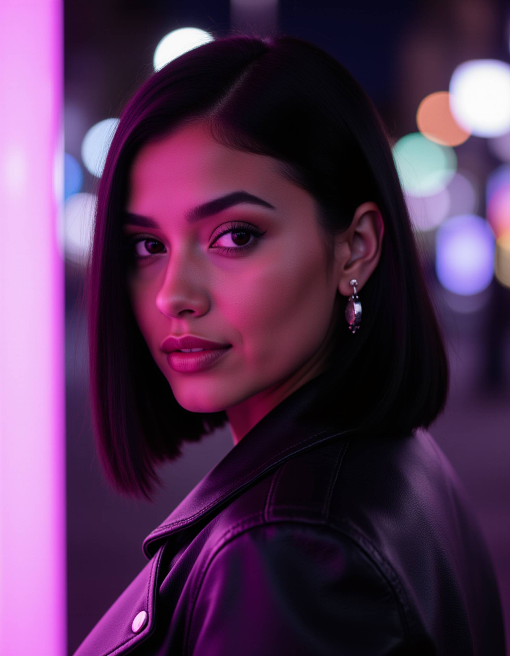 looking over the shoulder with sleek hair styled in sharp angles, metallic earrings and synth-leather jacket glowing with soft purple accents