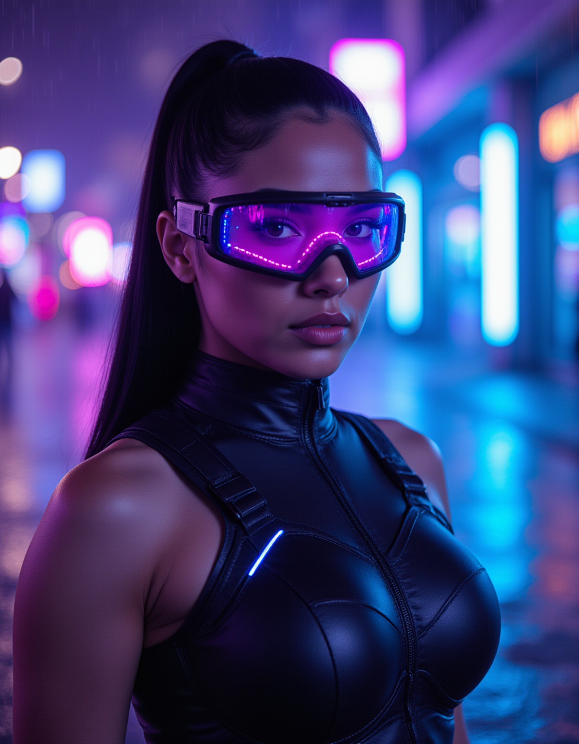 striking pose under a holographic rainstorm, wearing high-fashion cyber goggles and sculpted armor bodice with pulsing light effects