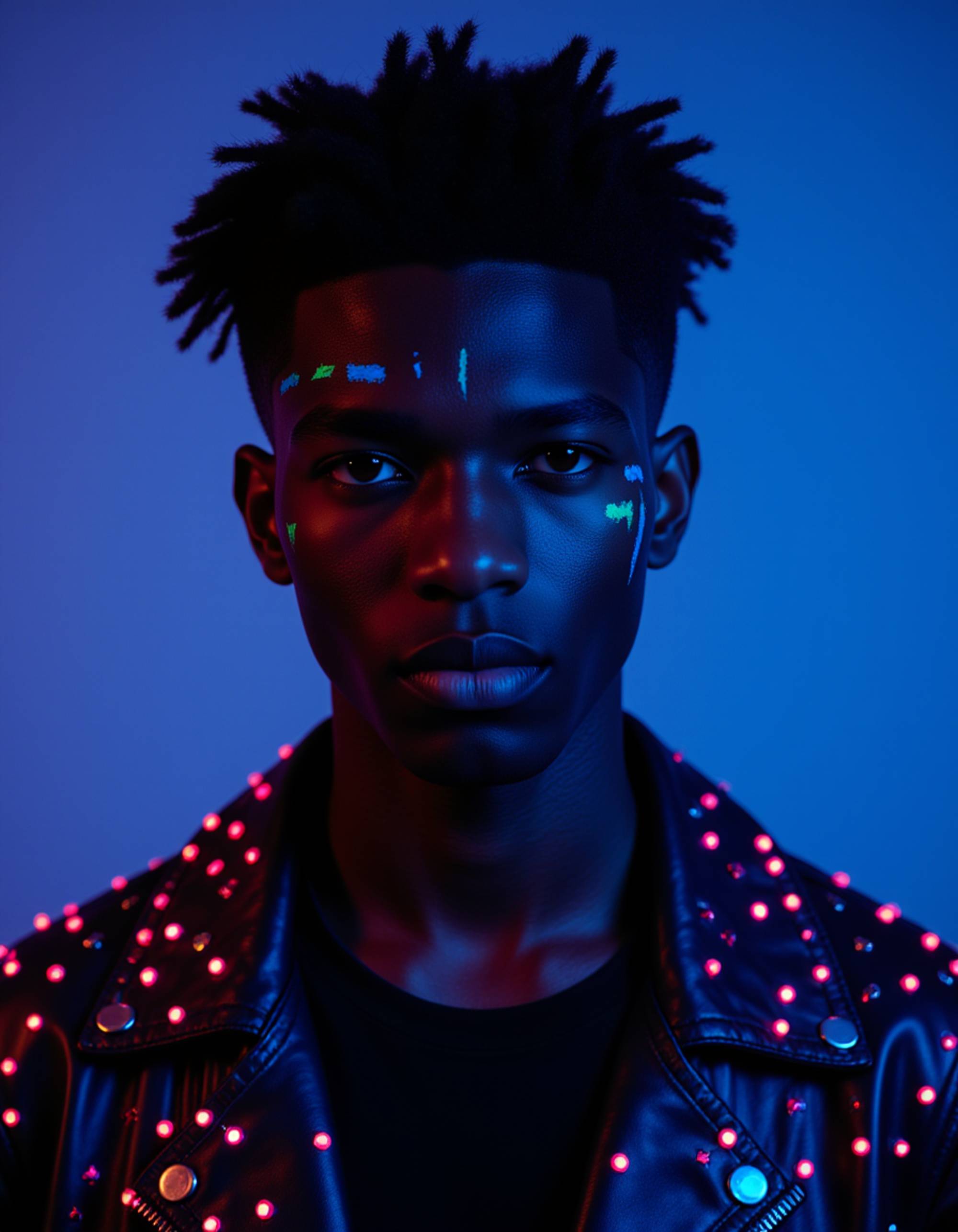 close-up portrait wearing a spiked neon leather jacket with glowing pink trims, electric blue face paint streaks, and ultraviolet reflections hitting the metal studs