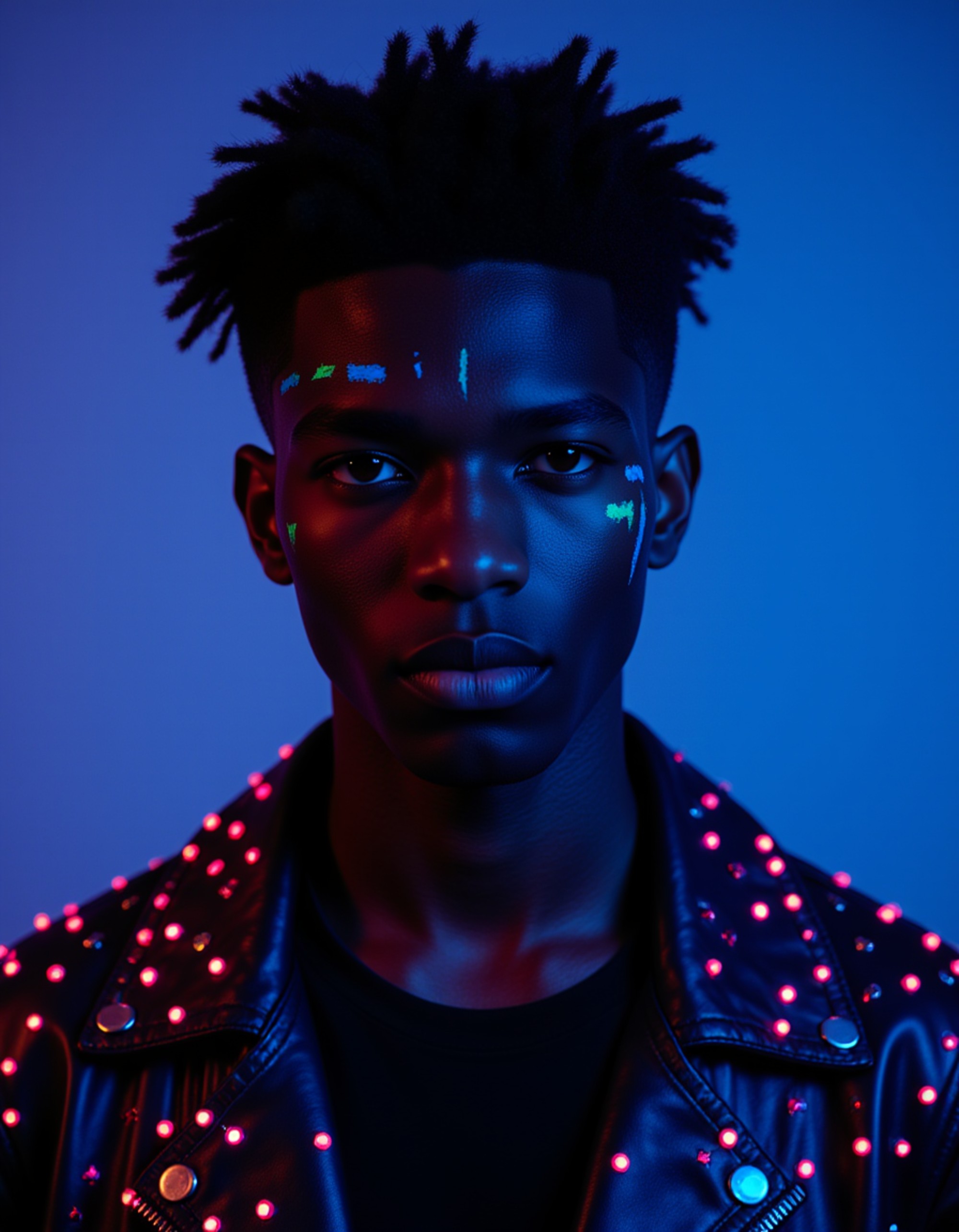close-up portrait wearing a spiked neon leather jacket with glowing pink trims, electric blue face paint streaks, and ultraviolet reflections hitting the metal studs