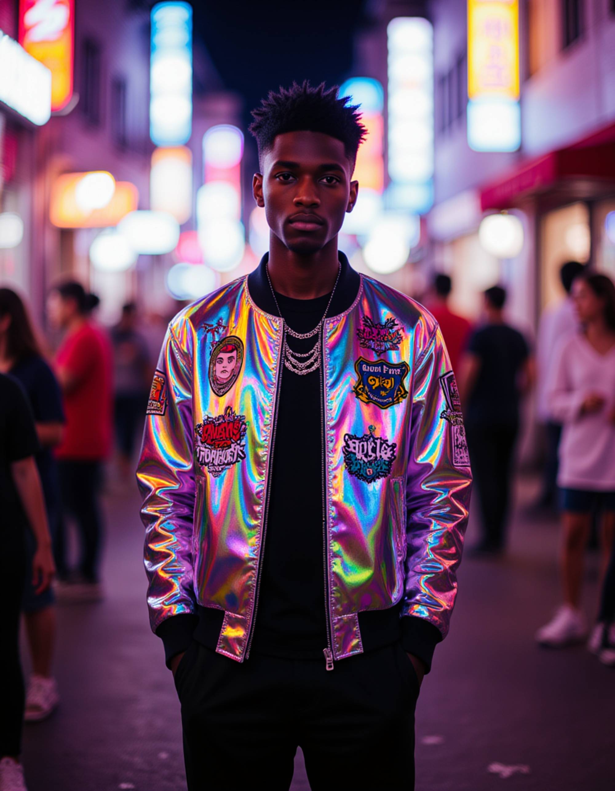 standing in a crowded neon street wearing a flashy holographic bomber covered in graffiti-style decals, layered chains glowing under blacklight, vibrant hair catching the city glow