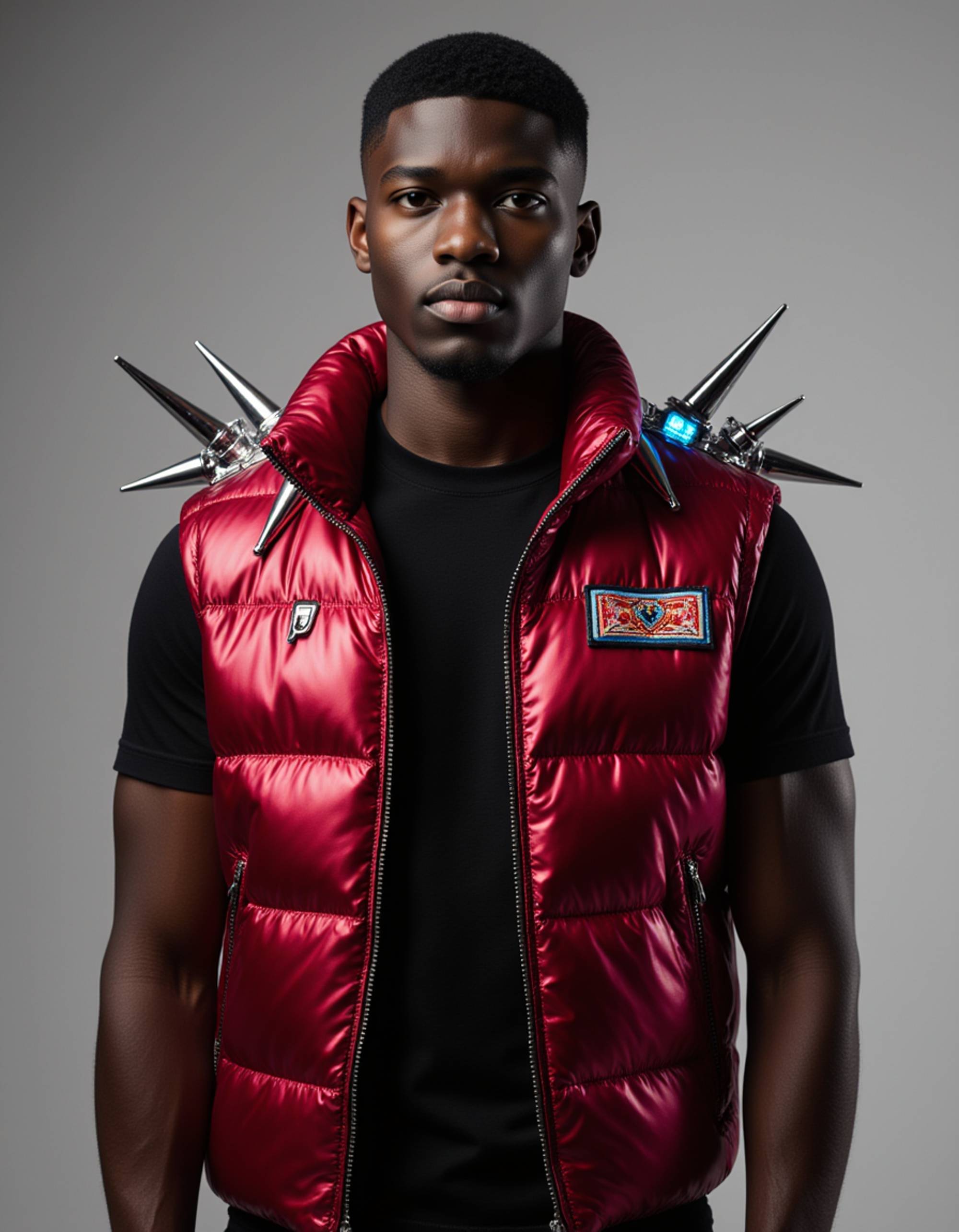 dynamic pose in a metallic crimson vest with oversized shoulder spikes, LED patches flickering across the chest, bold cybernetic eye makeup reflecting magenta neon