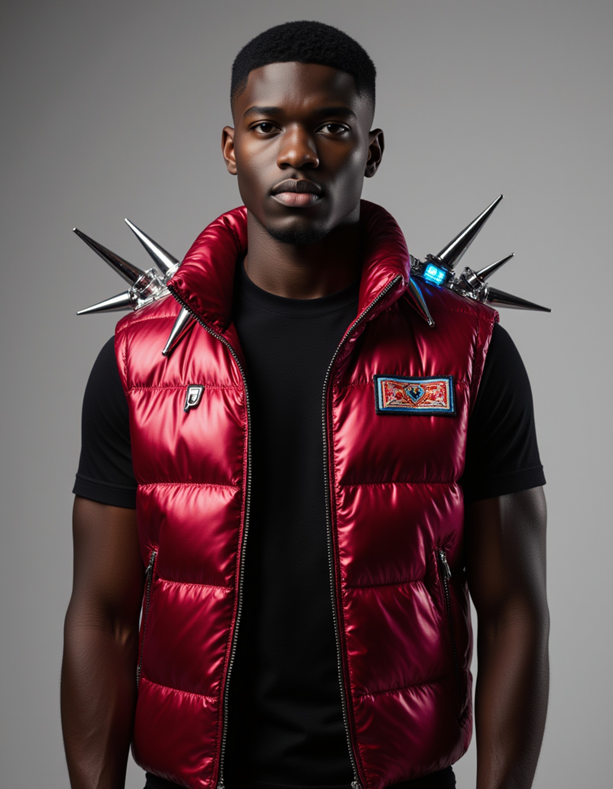 dynamic pose in a metallic crimson vest with oversized shoulder spikes, LED patches flickering across the chest, bold cybernetic eye makeup reflecting magenta neon