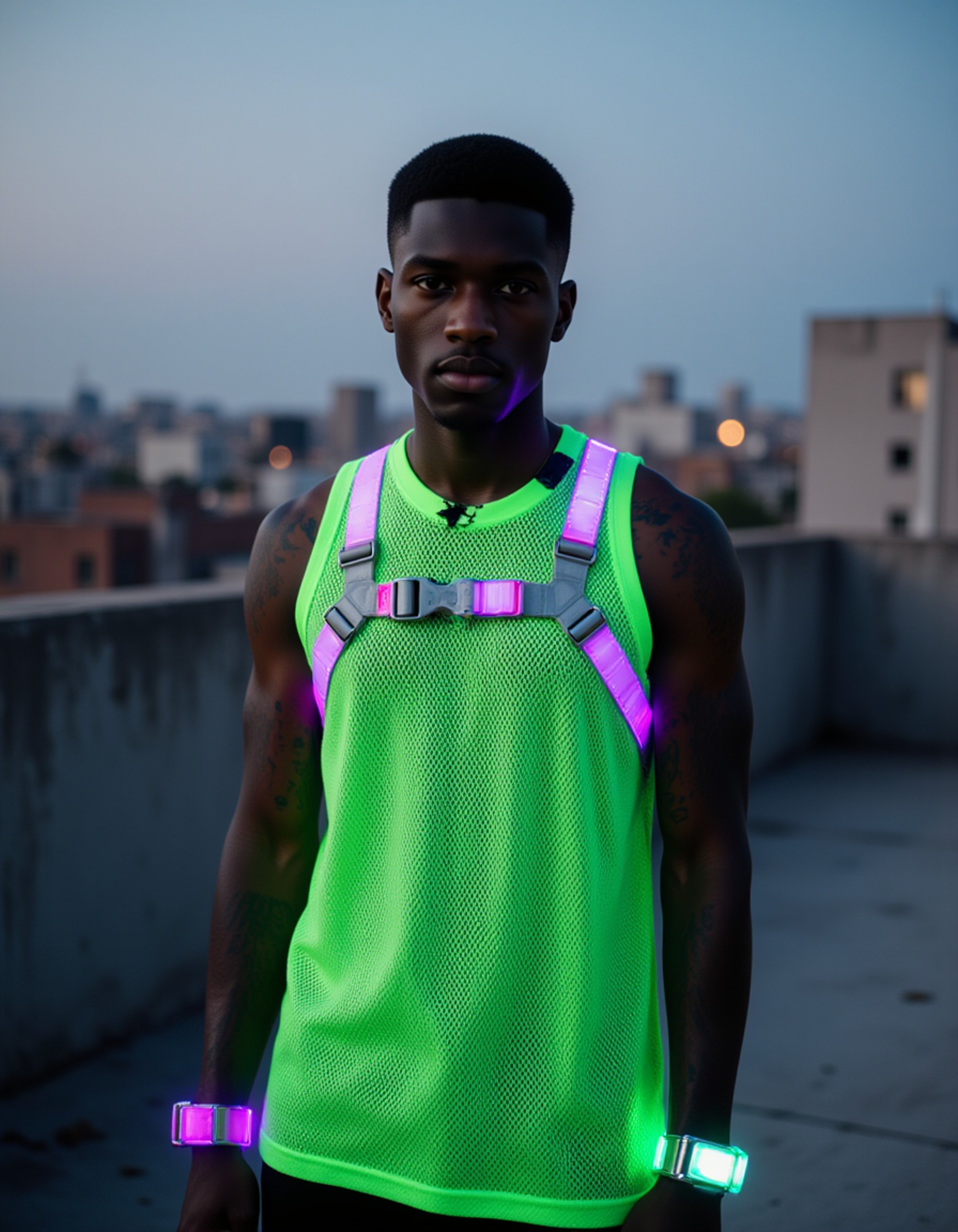 gritty rooftop shot wearing a torn neon-green mesh shirt under a bright chrome harness, glowing wrist cuffs and bold synthetic tattoos lighting up in purples and blues
