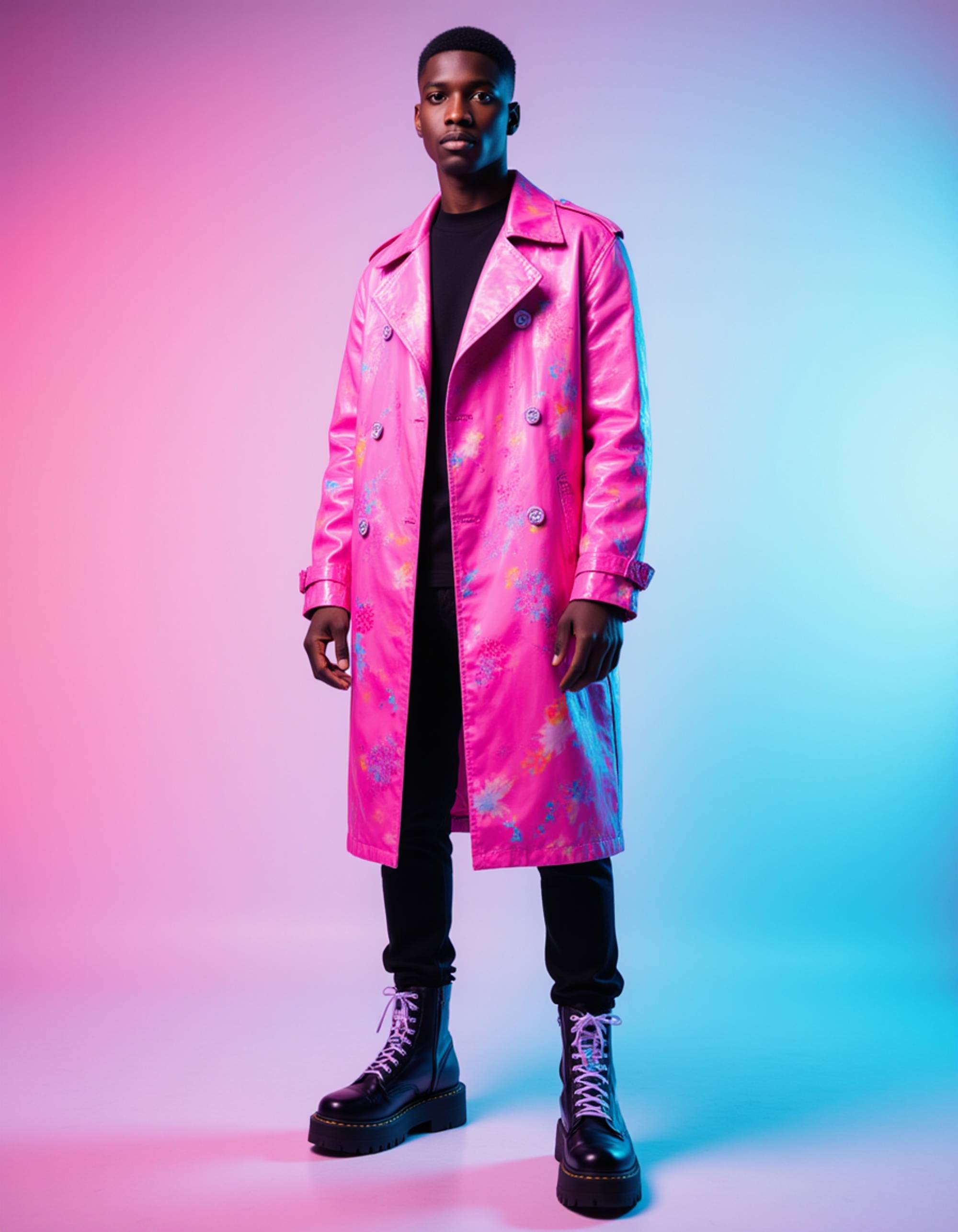 full-body shot in a vibrant pink-and-cyan tech trench coat with animated patterns, heavy platform boots with LED laces, and sharp, luminous accents across the jawline