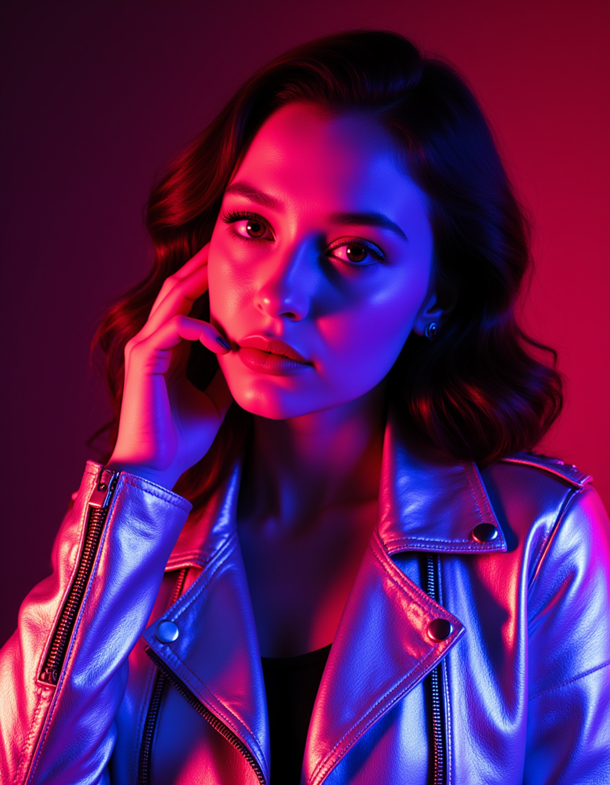 close-up portrait wearing a neon holographic leather jacket with sharp chrome studs, bold electric-pink eye makeup, and hair glowing under ultraviolet lights