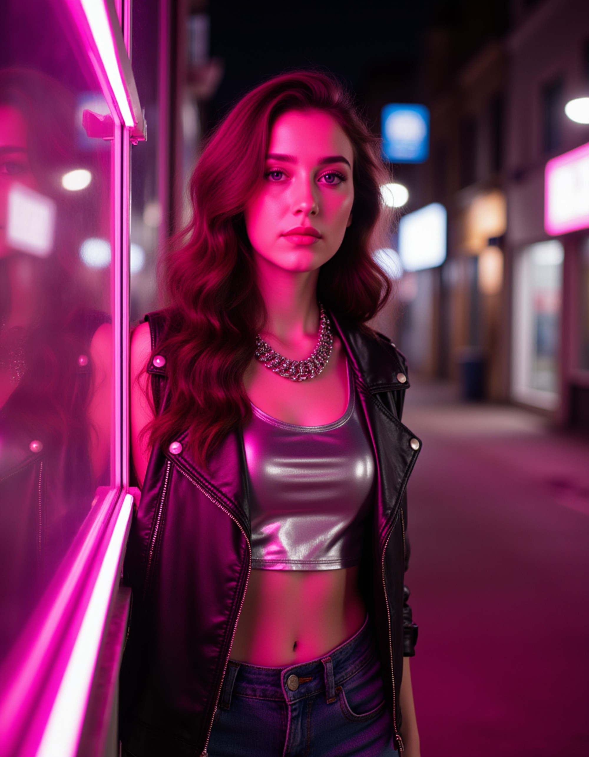 street-style shot in a reflective silver crop top paired with a spiked neon vest, layered glowing chains, and shimmering face gems catching the magenta city glow