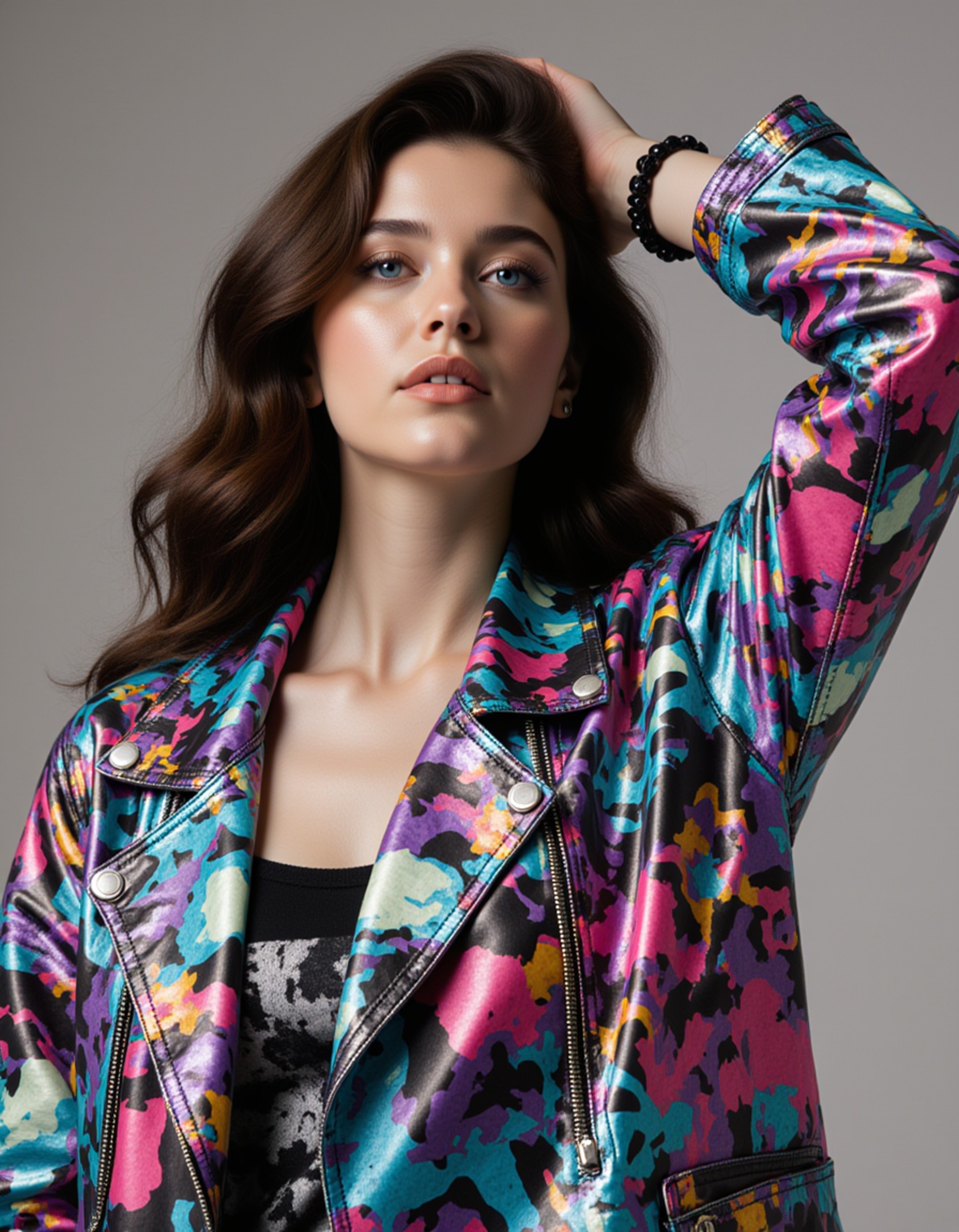 dynamic pose wearing a bright cyberpunk trench coated in graffiti-style holographic decals, LED straps wrapped around the arms, and dramatic metallic makeup