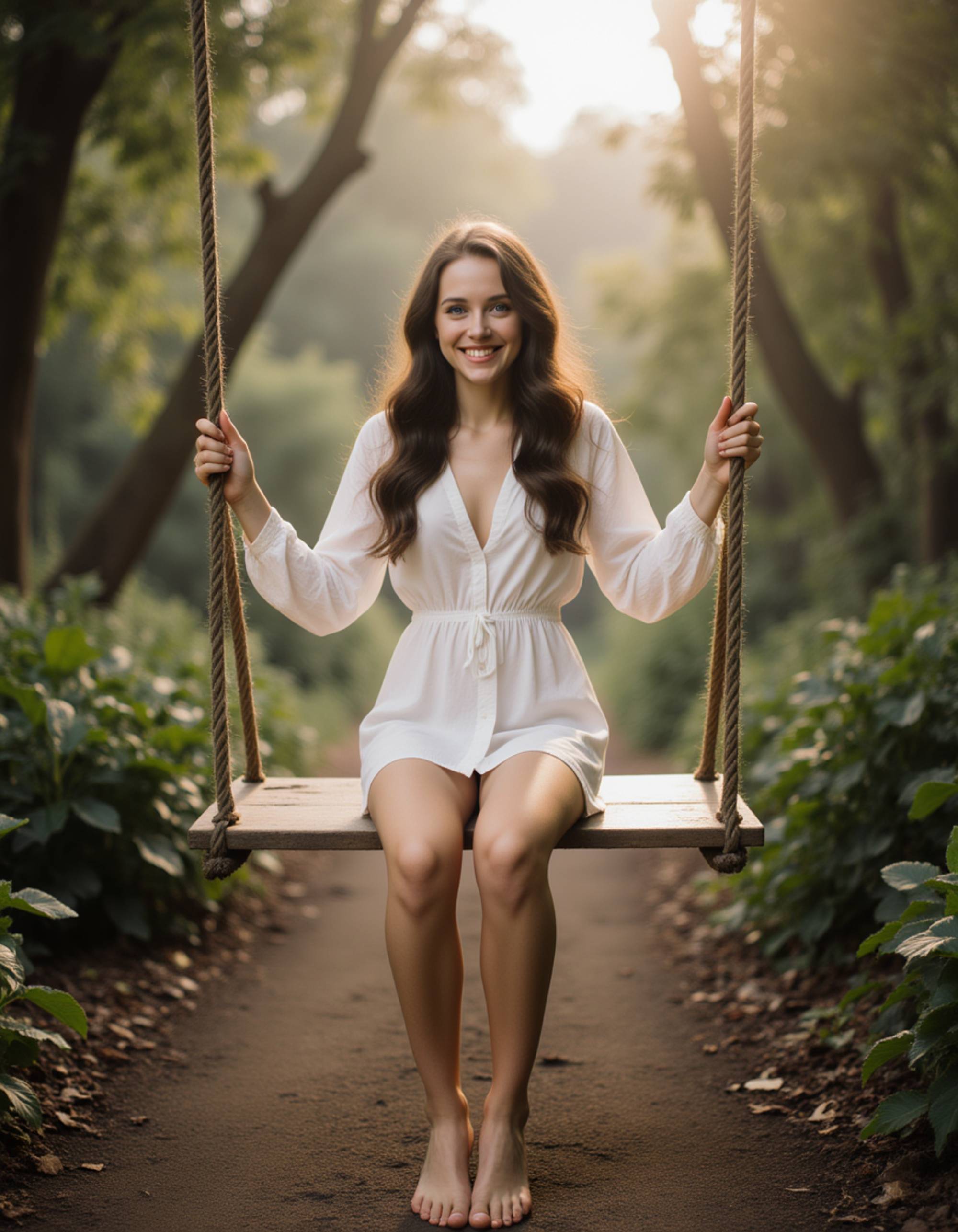 Bali influencer lifestyle shot on a jungle swing, lightweight boho outfit, barefoot, candid smile, misty tropical forest atmosphere with cinematic depth