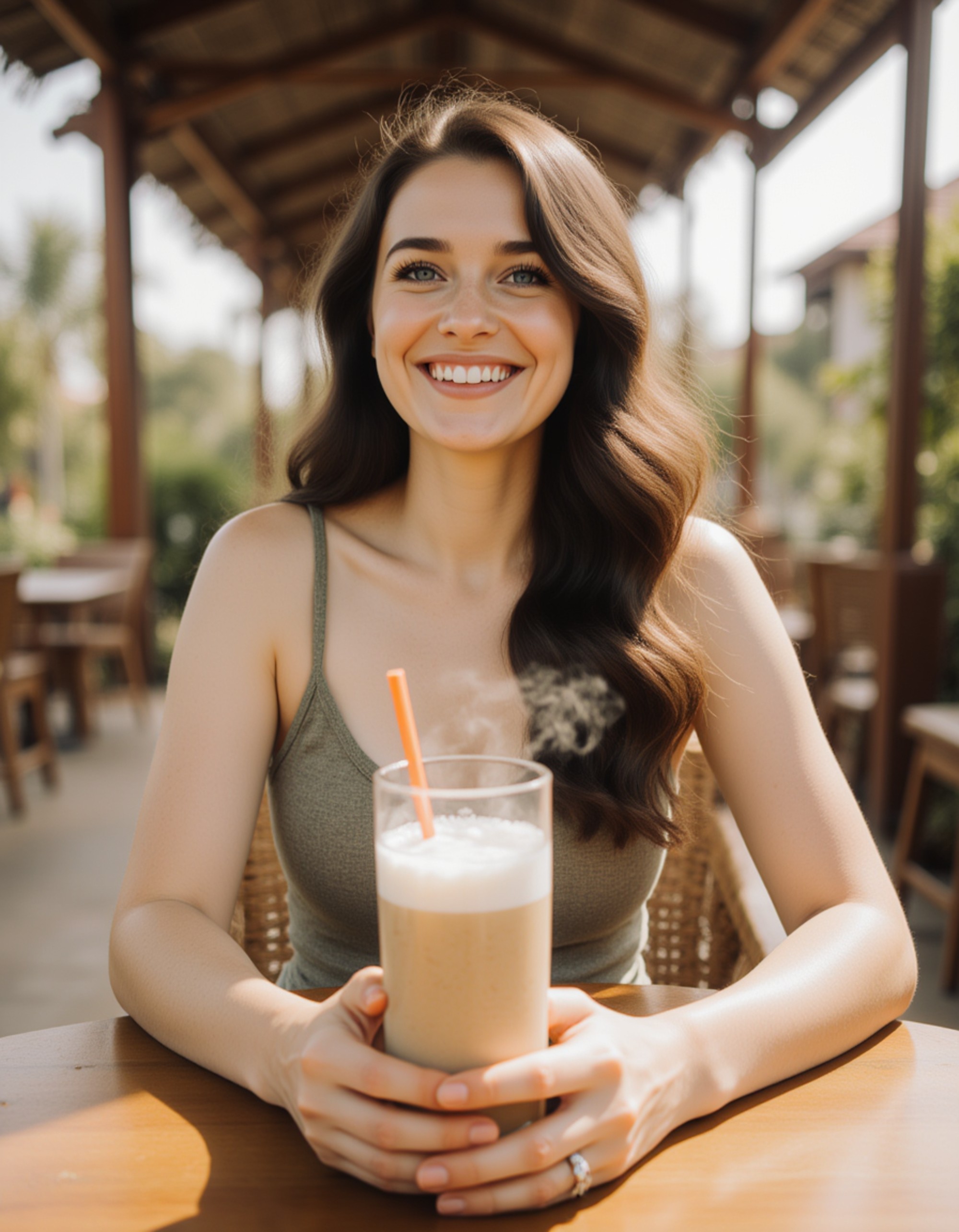 tropical café scene in Bali, stylish casual outfit with neutral tones, coconut drink in hand, relaxed influencer vibe, natural light and earthy textures