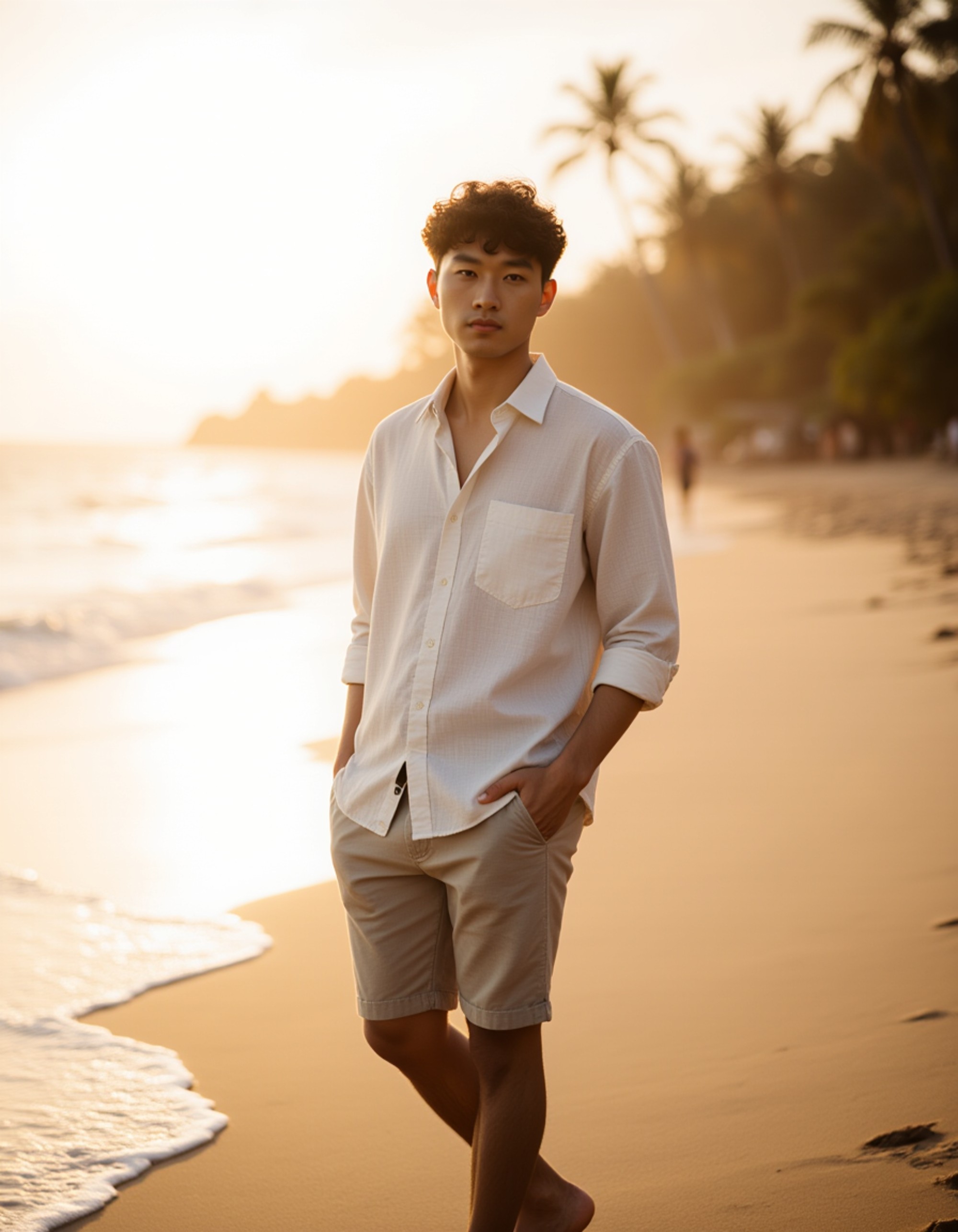 Bali beach lifestyle portrait at sunset, relaxed open linen shirt and tailored shorts, confident stance, warm golden light reflecting off the ocean with palm trees in the background