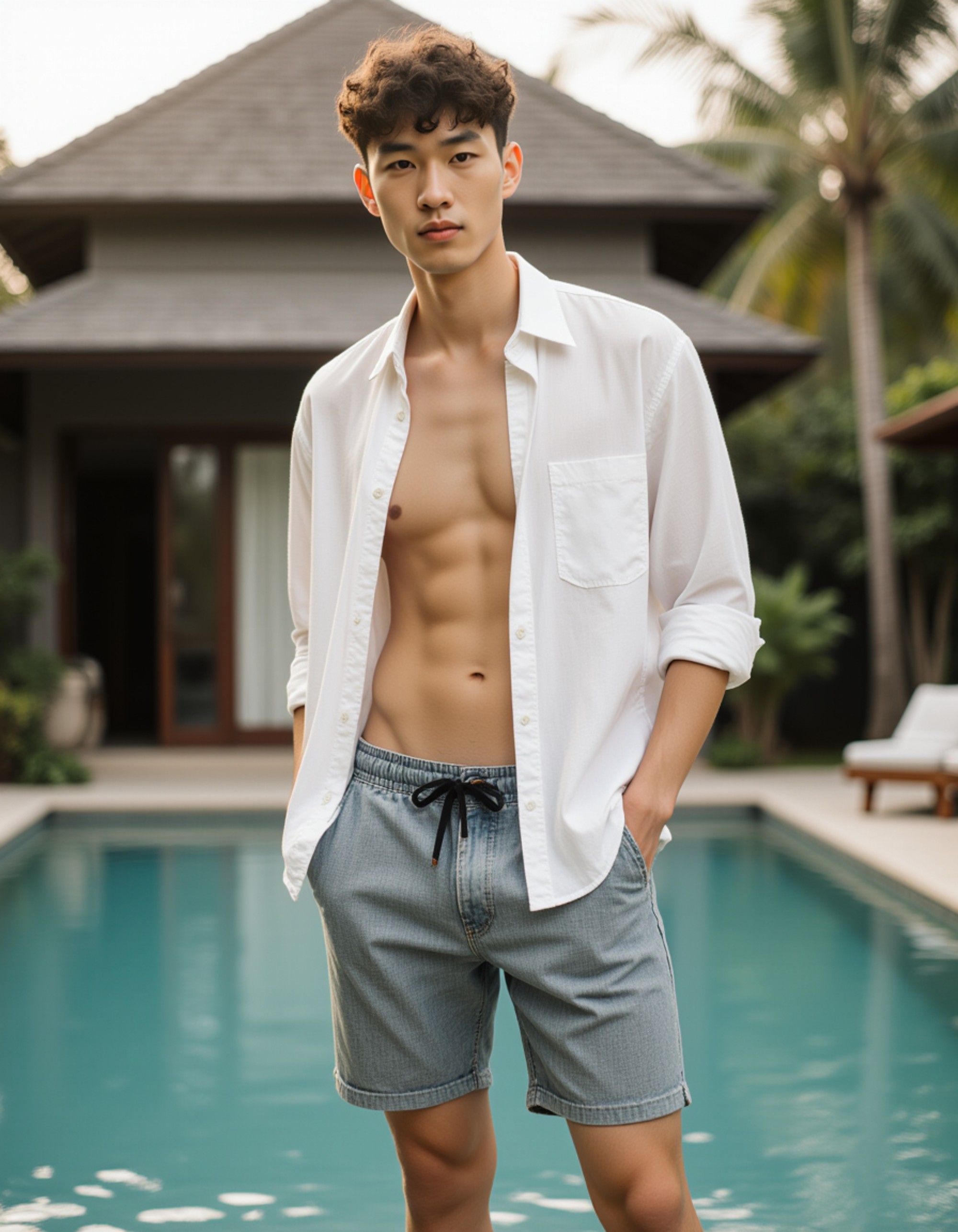 luxury Bali villa photoshoot, modern swim shorts with a lightweight shirt, clean and effortless style, poolside setting surrounded by tropical greenery