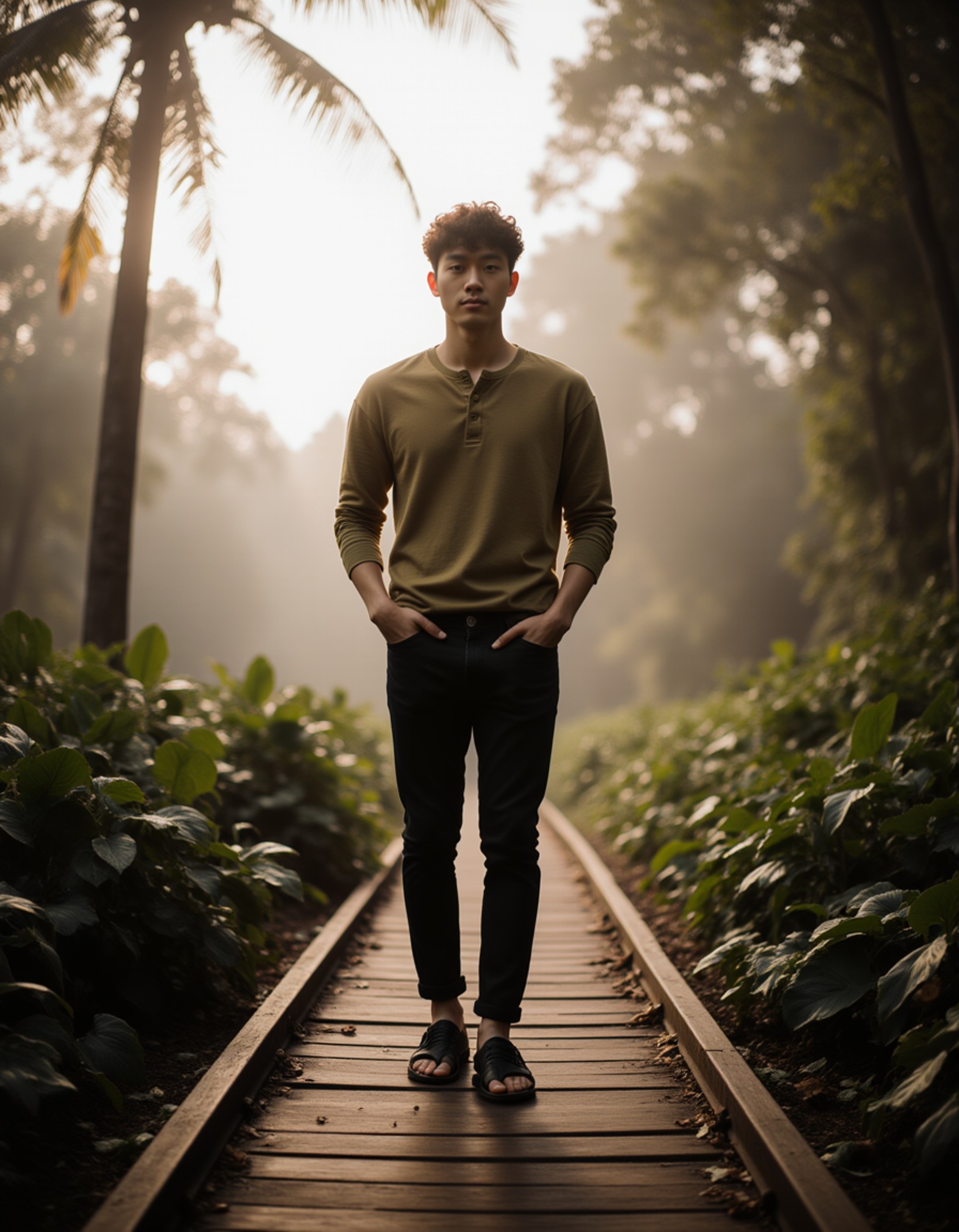 Bali influencer jungle photoshoot, casual boho outfit with earthy tones, standing on a wooden walkway, soft mist and dense tropical forest creating a cinematic mood