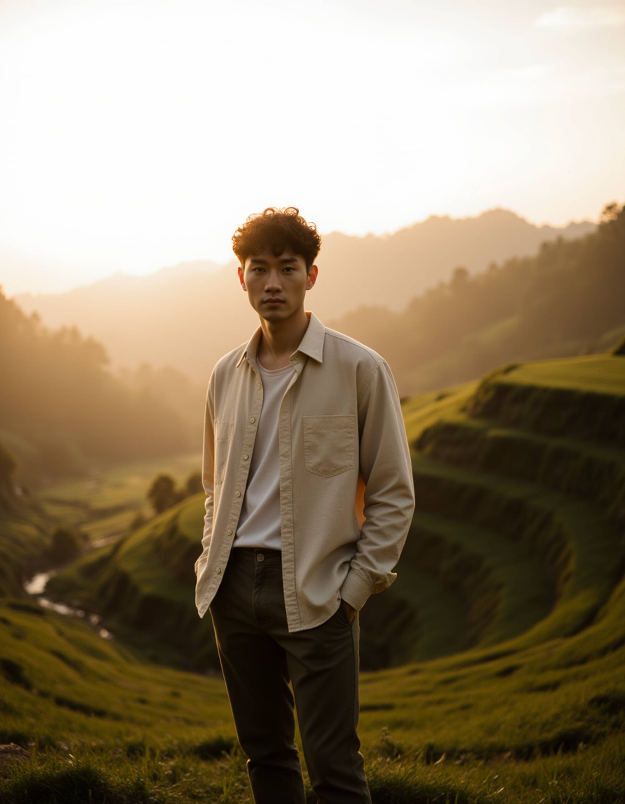 sunrise rice terrace scene in Bali, minimalist neutral outfit, calm and composed posture, wide-angle editorial look with layered green landscapes