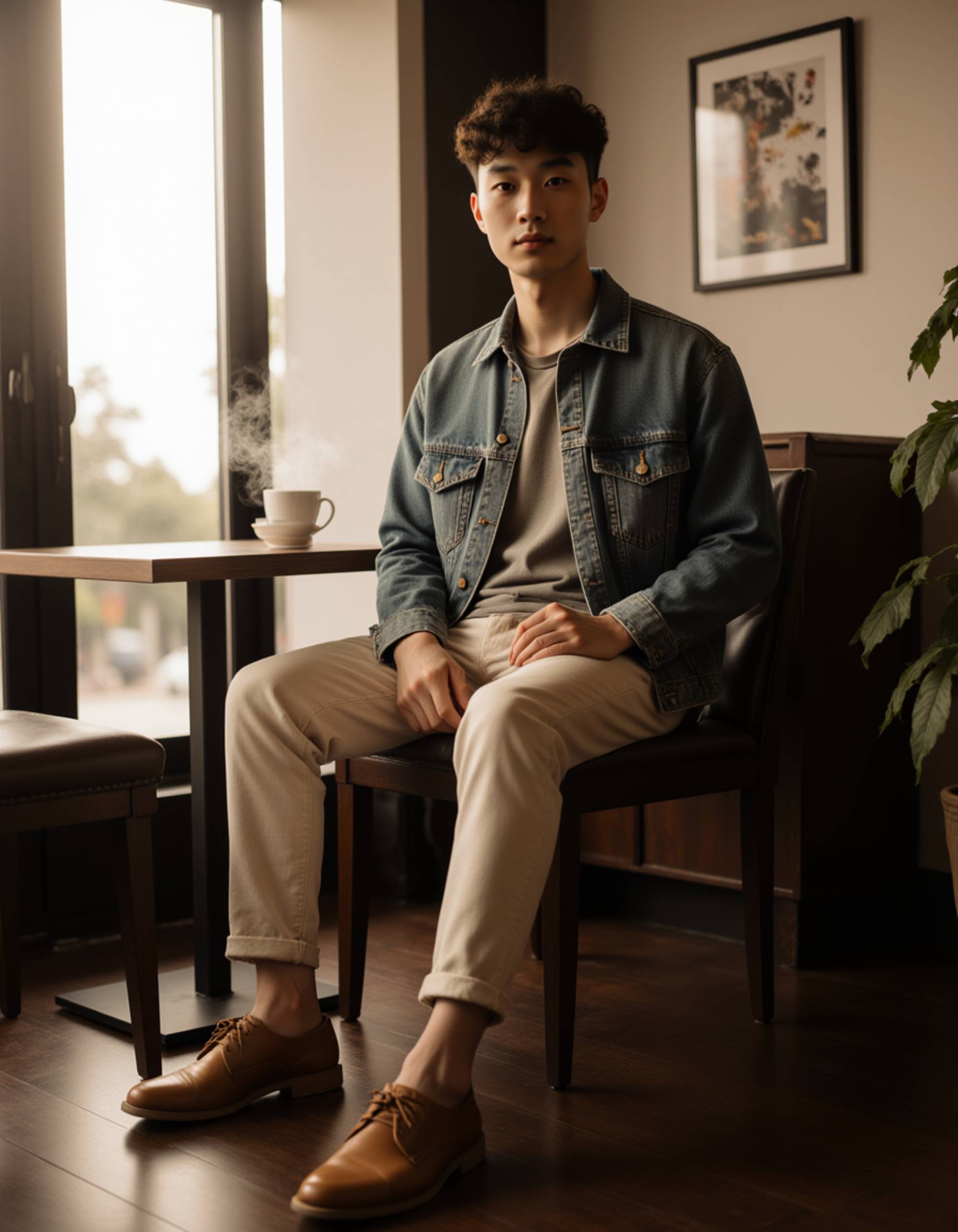 urban Bali café photoshoot, stylish casual outfit with natural textures, seated with a coffee, relaxed influencer aesthetic under soft morning light