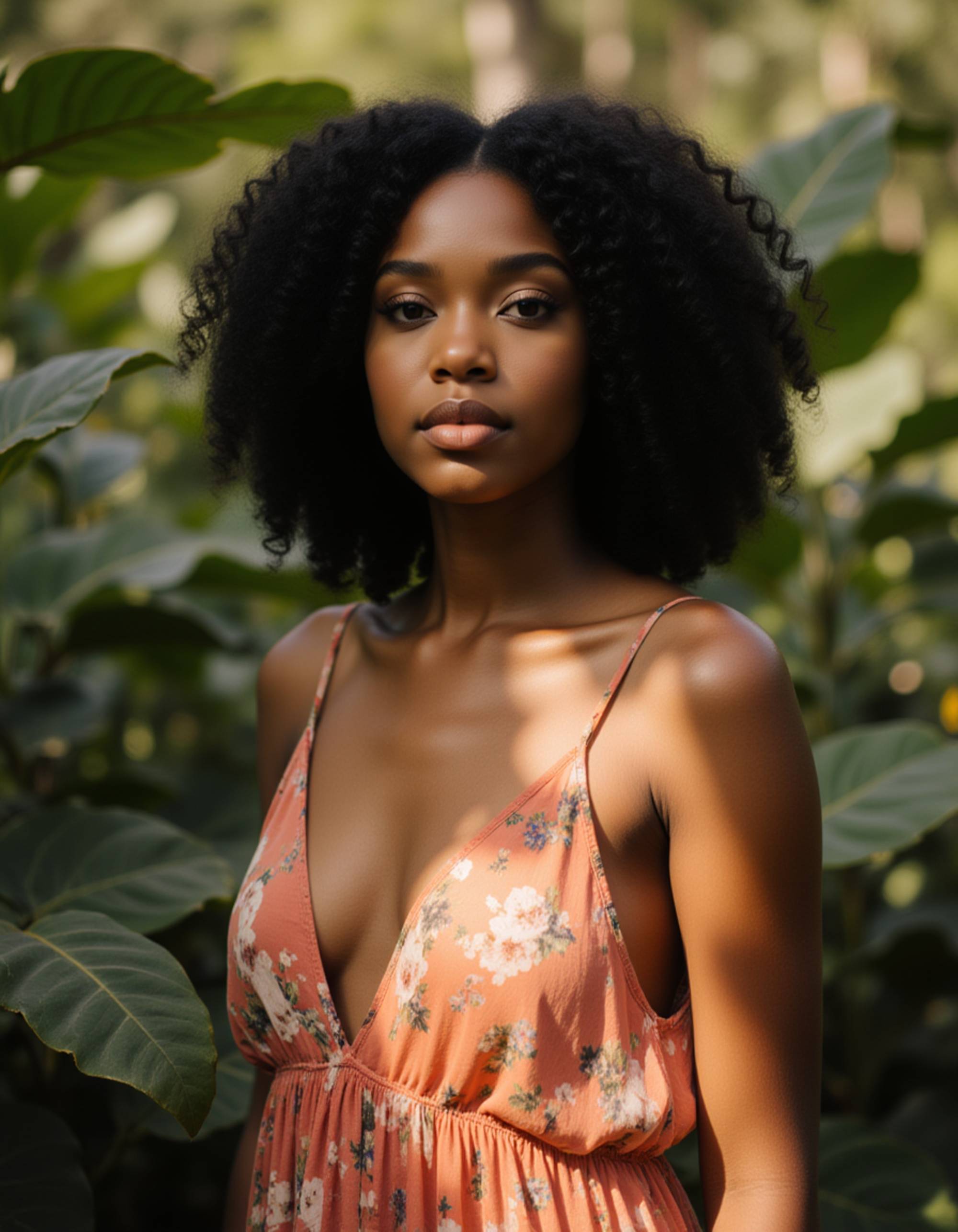 Bali jungle lifestyle shot, lightweight bohemian outfit in warm earthy tones, natural makeup, standing among lush greenery with soft diffused light