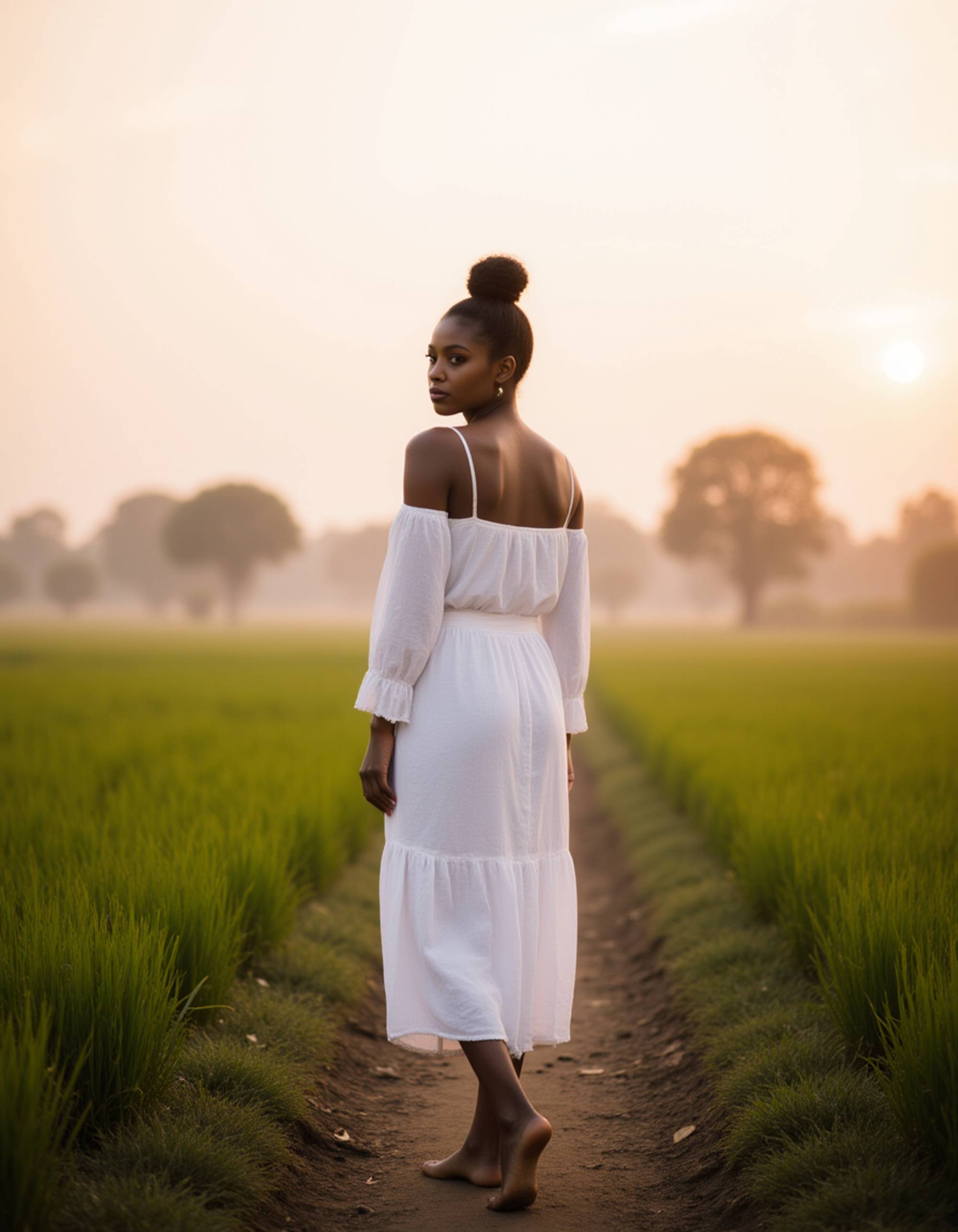 sunrise Bali rice field photoshoot, elegant linen outfit, barefoot on narrow paths, calm influencer pose with misty fields and pastel sky