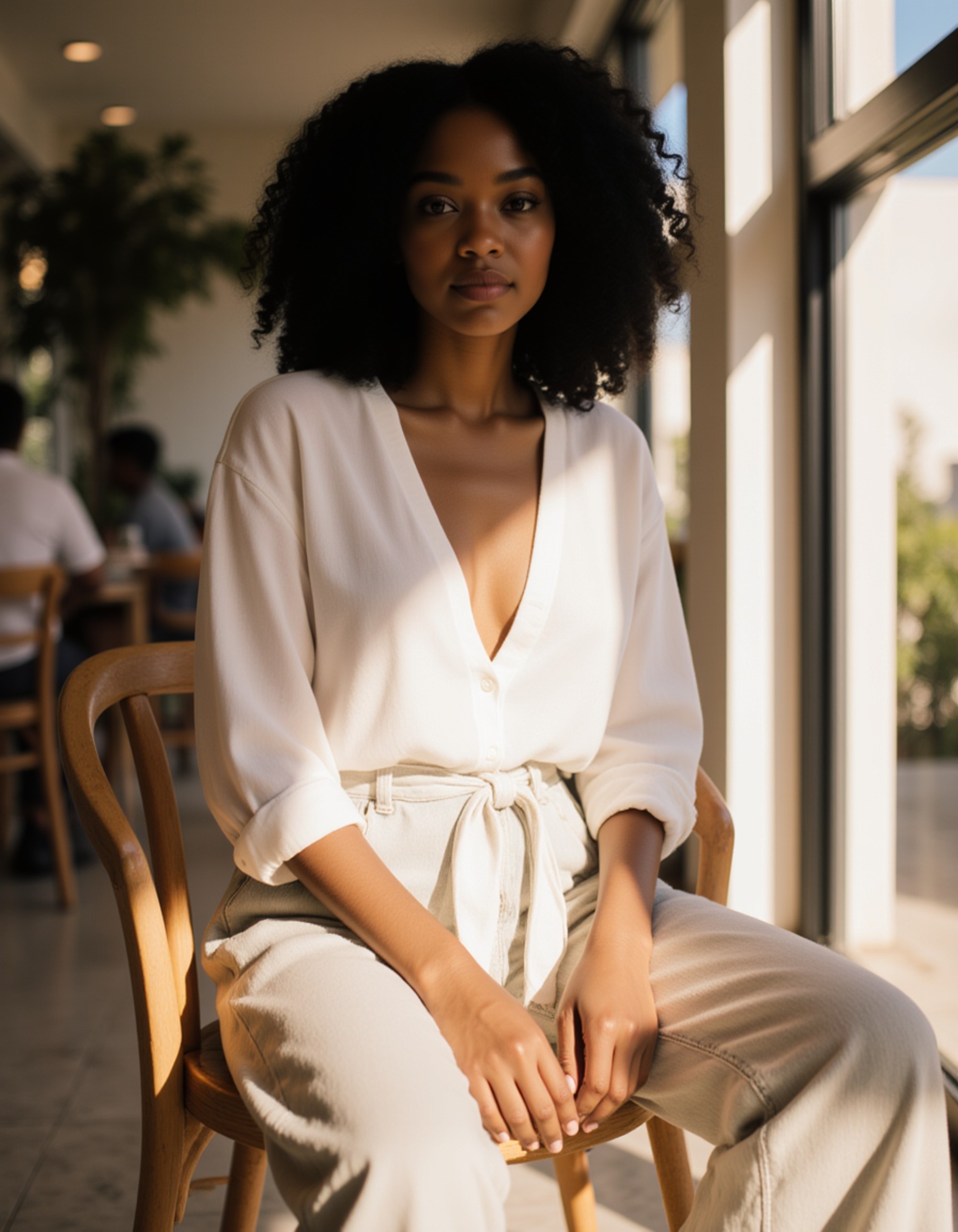 stylish Bali café scene, modern summer outfit with neutral colors, seated near large open windows, casual influencer aesthetic with warm natural lighting