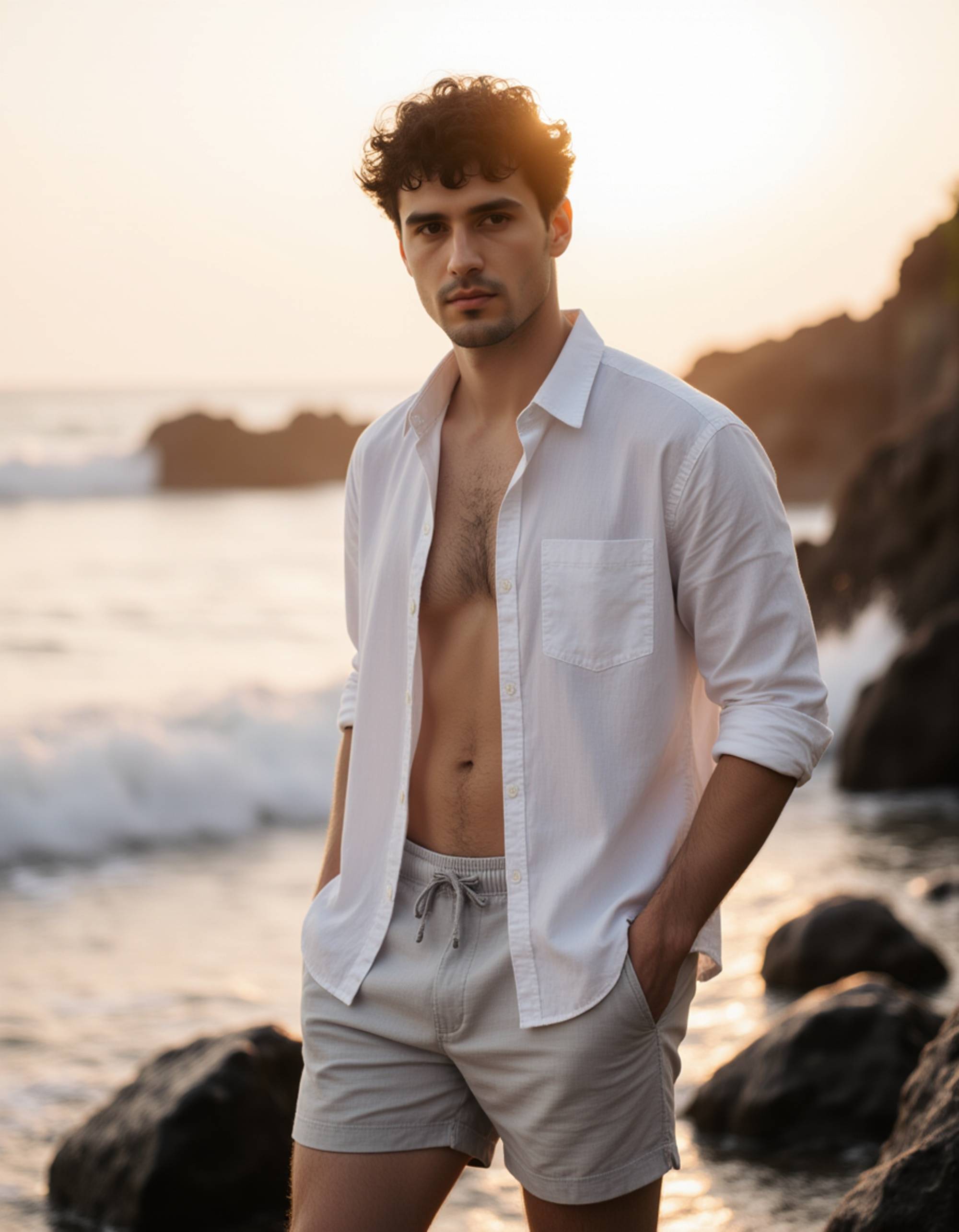 Bali influencer photoshoot on a rocky shoreline, relaxed linen shirt left open over swim shorts, confident posture, warm sunset light with waves crashing behind